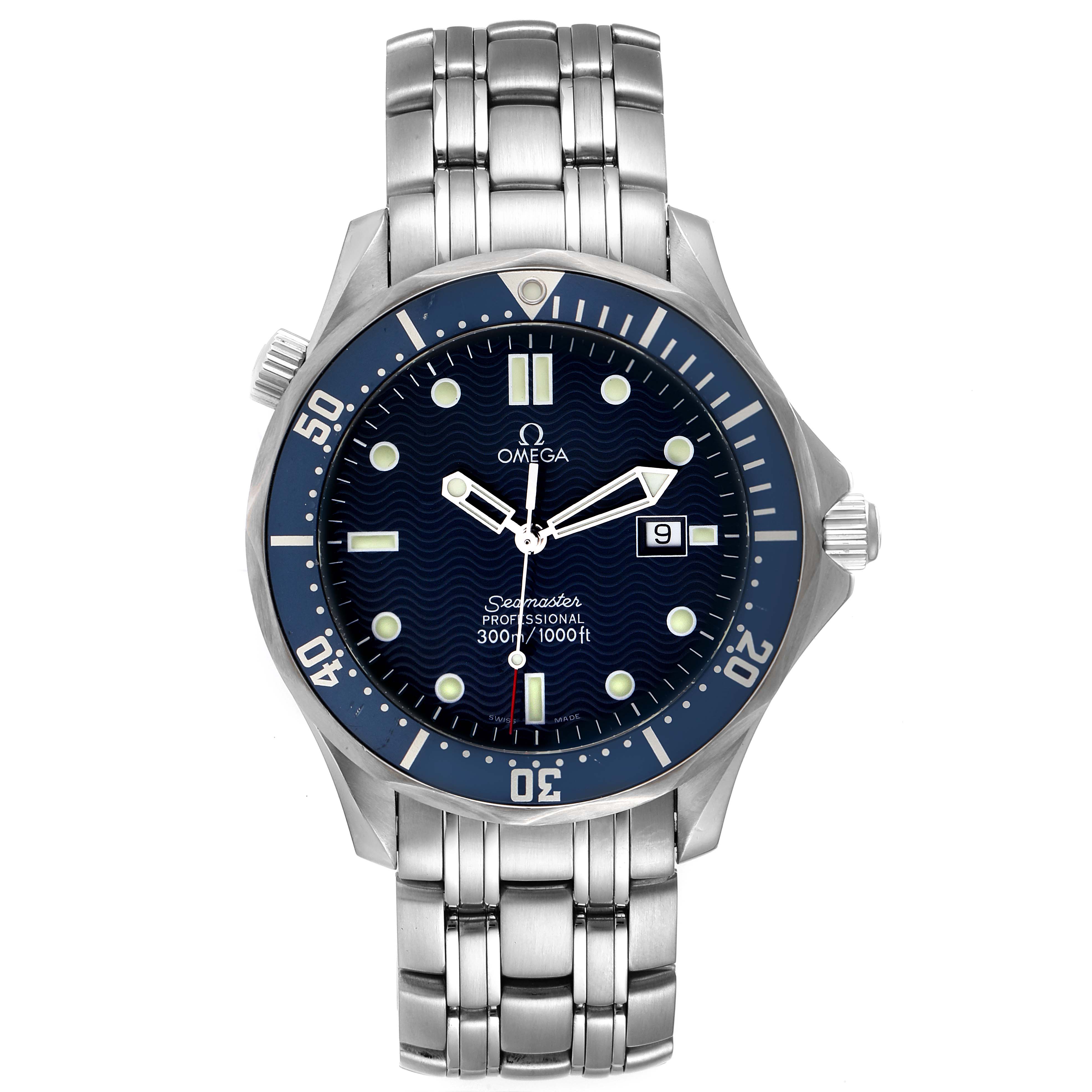 The image shows a front view of the Omega Seamaster 2541.80.00 Men's Stainless Steel Blue Dial 2541.80.00 Men's Stainless Steel Blue Dial watch, highlighting its dial, bezel, and metallic bracelet.
