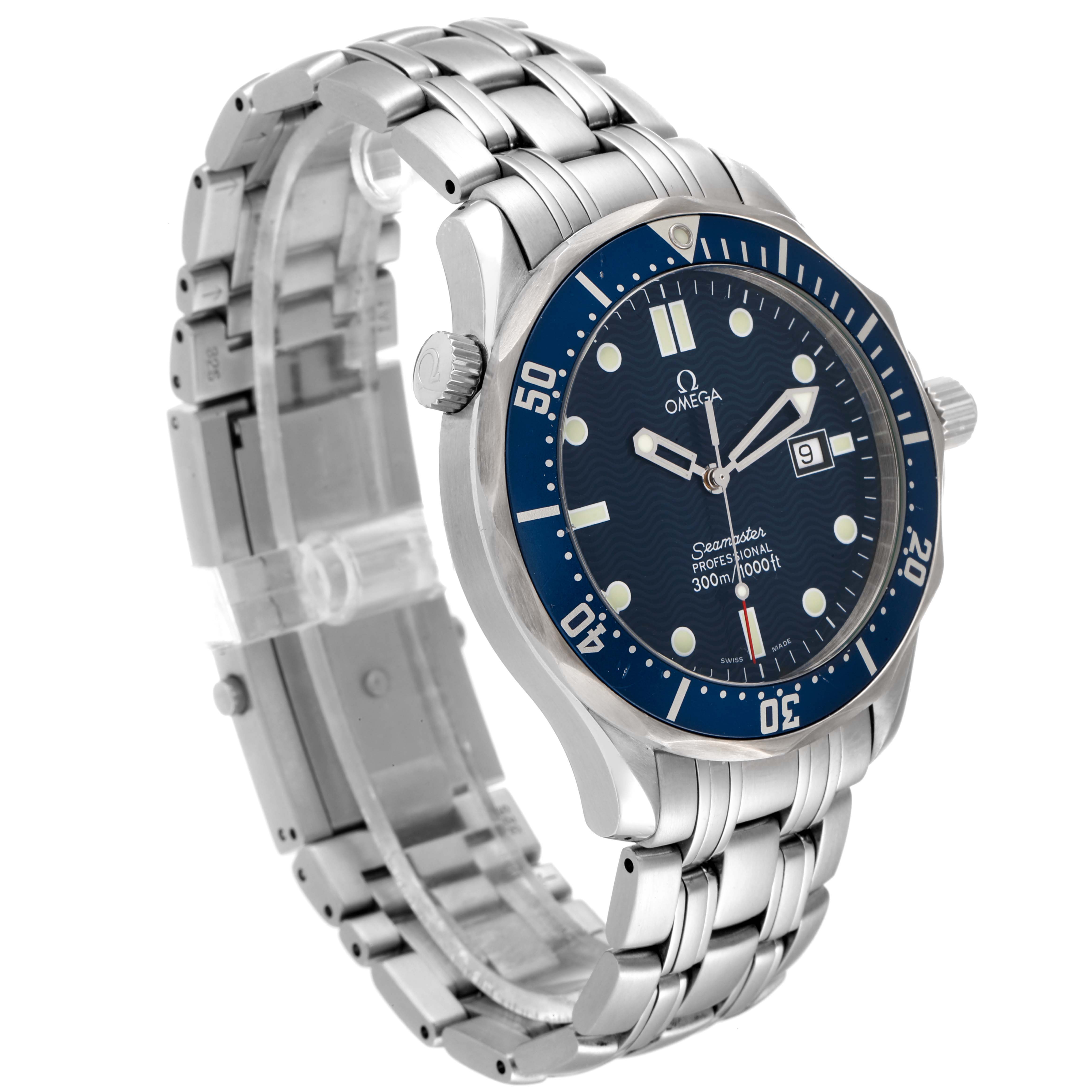 The Omega Seamaster 2541.80.00 Men's Stainless Steel Blue Dial 2541.80.00 Men's Stainless Steel Blue Dial watch is shown at a slight angle, displaying its face, bezel, bracelet, and clasp.