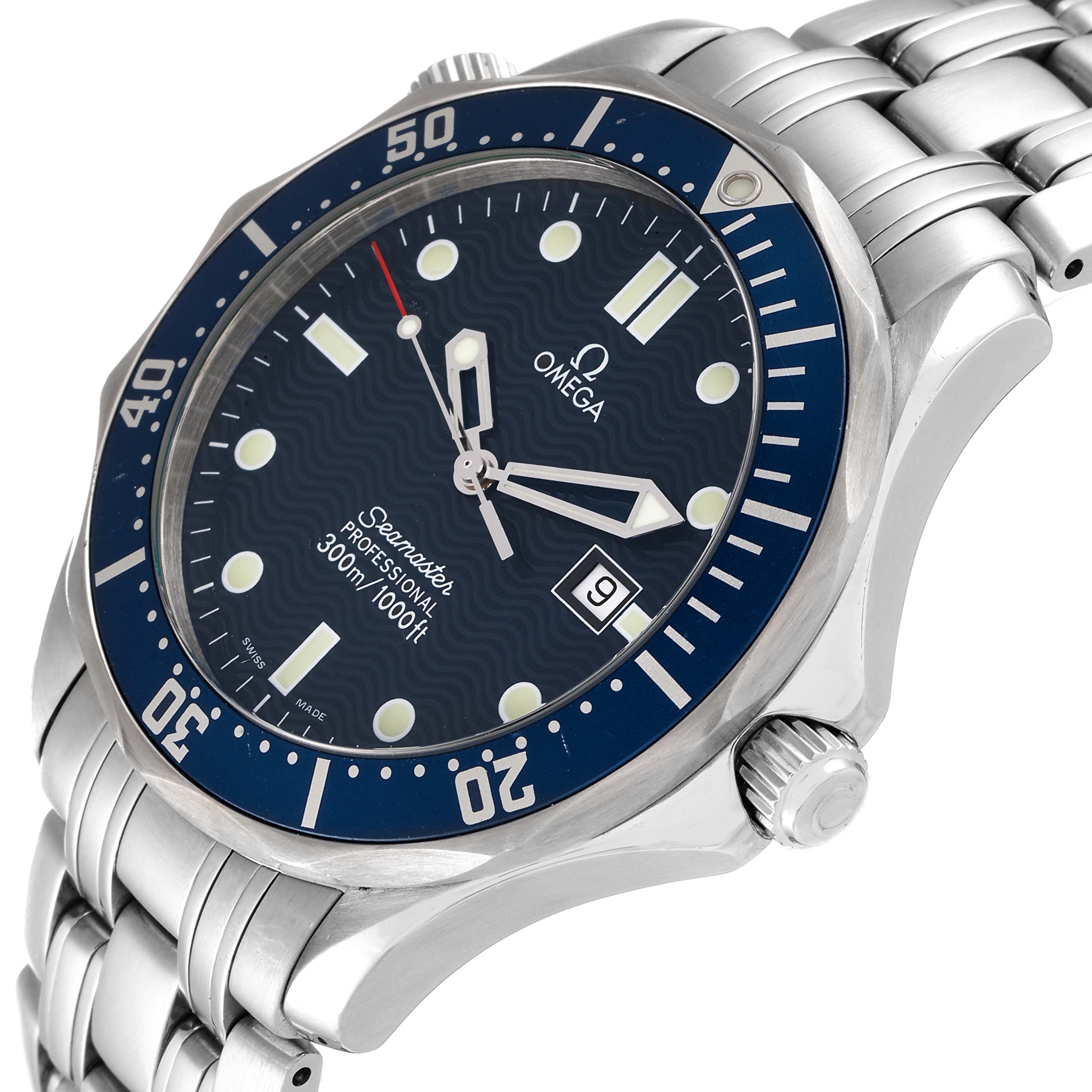 The image shows a side angle of an Omega Seamaster 2541.80.00 Men's Stainless Steel Blue Dial 2541.80.00 Men's Stainless Steel Blue Dial watch, highlighting its bezel, crown, bracelet, and face.