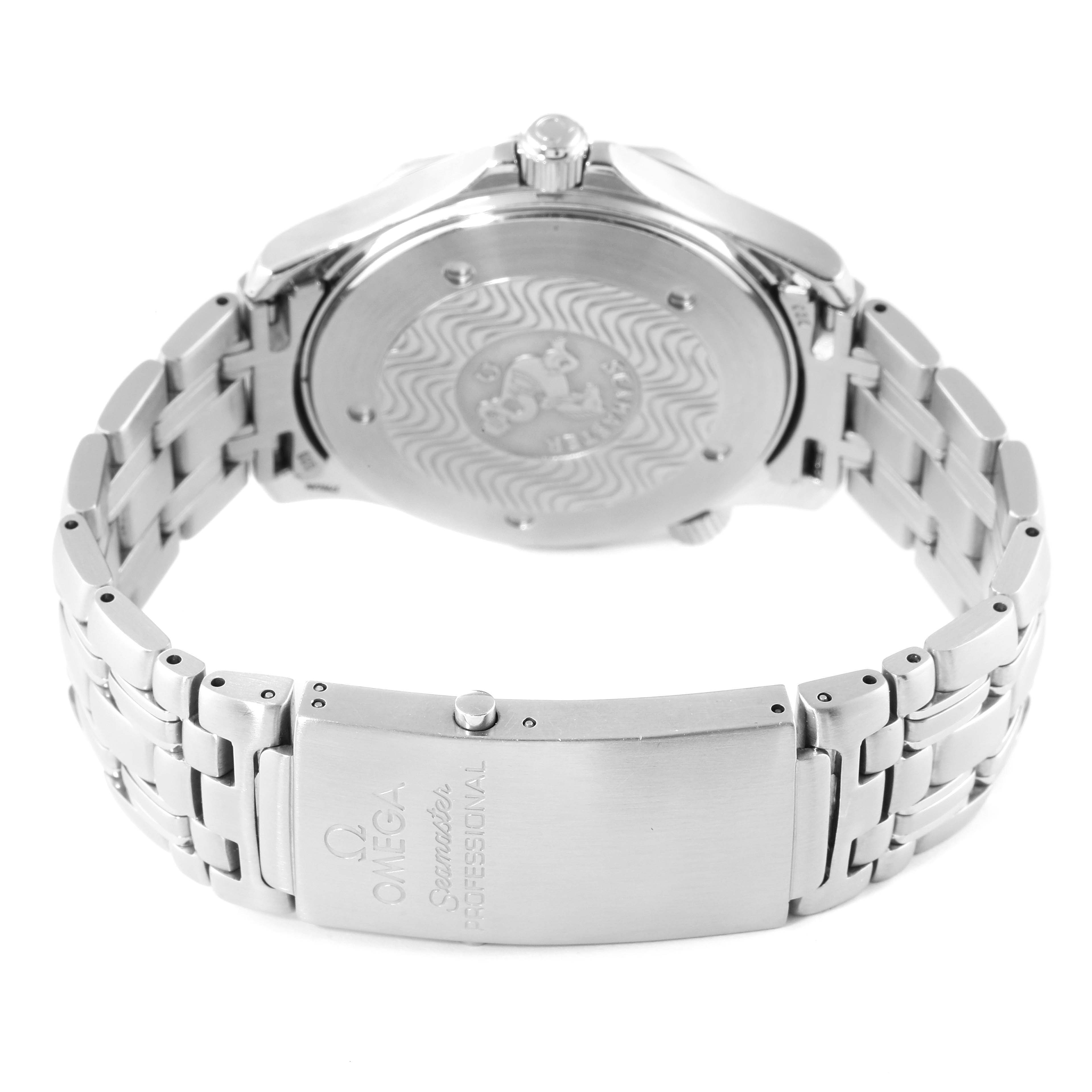 The image shows the back view of the Omega Seamaster 2541.80.00 Men's Stainless Steel Blue Dial 2541.80.00 Men's Stainless Steel Blue Dial watch, highlighting the case back and stainless steel bracelet with clasp.