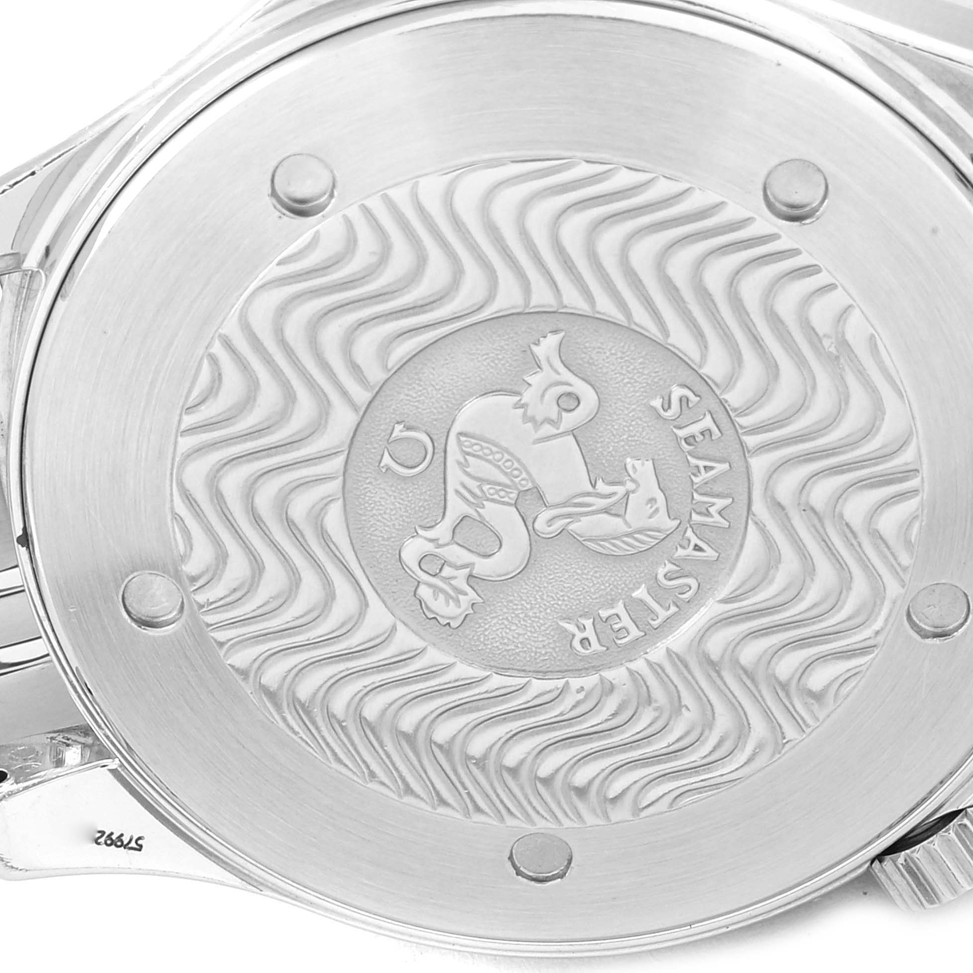 The image shows the engraved case back of an Omega Seamaster 2541.80.00 Men's Stainless Steel Blue Dial 2541.80.00 Men's Stainless Steel Blue Dial watch from a straight-on angle.