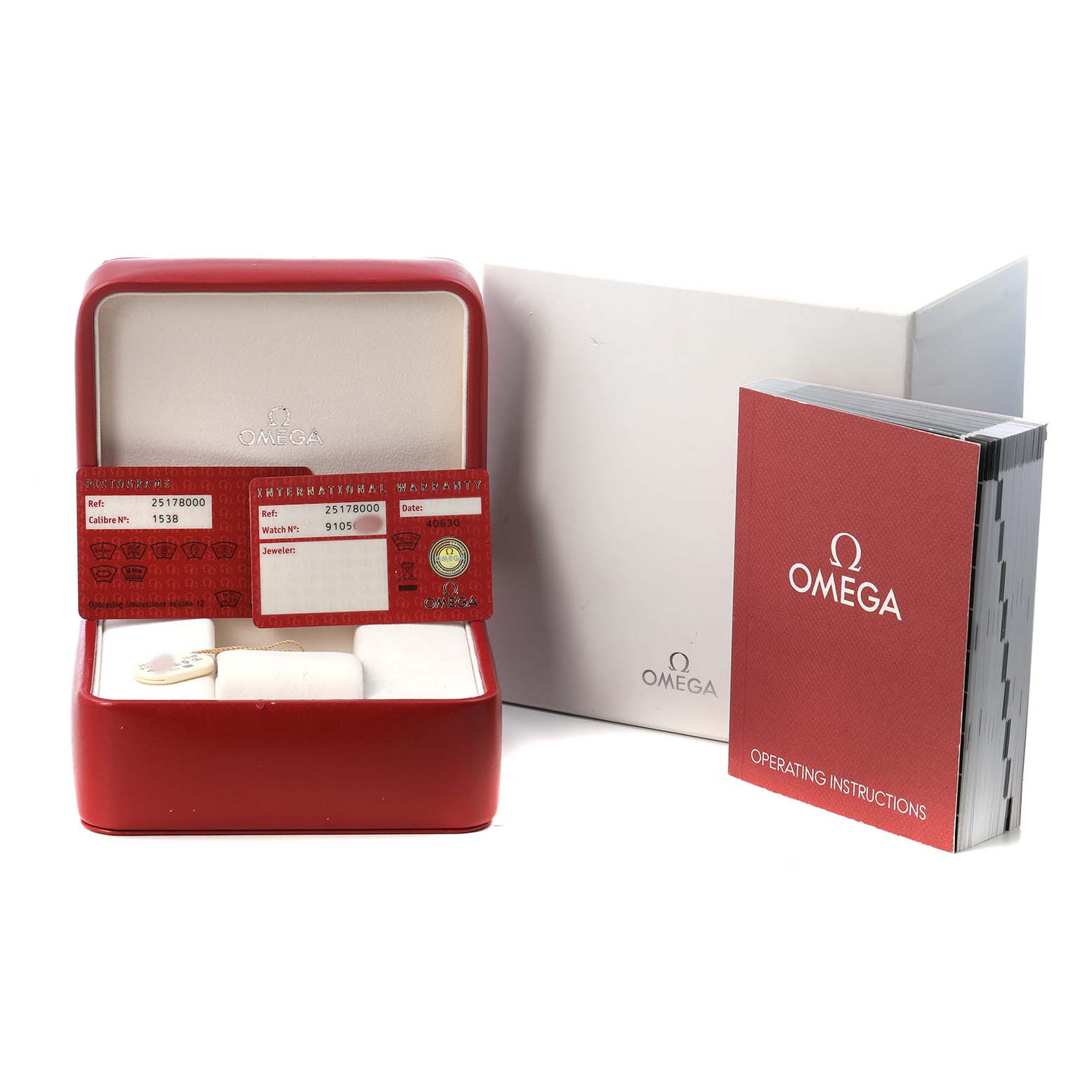 The image shows the Omega Seamaster 2517.80.00 Men's Stainless Steel Blue Dial watch packaging, including a red box, instruction manual, and warranty cards.