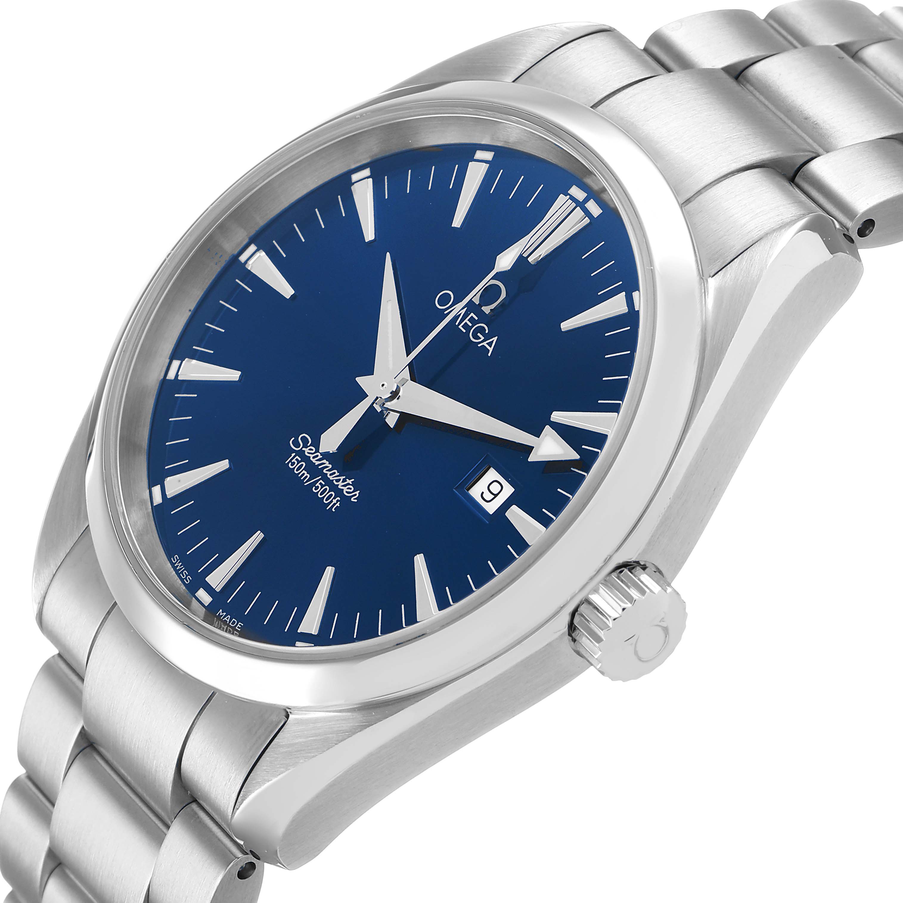 The image shows an angled view of the Omega Seamaster 2517.80.00 Men's Stainless Steel Blue Dial watch, highlighting its blue dial, hands, date window, and silver bracelet.