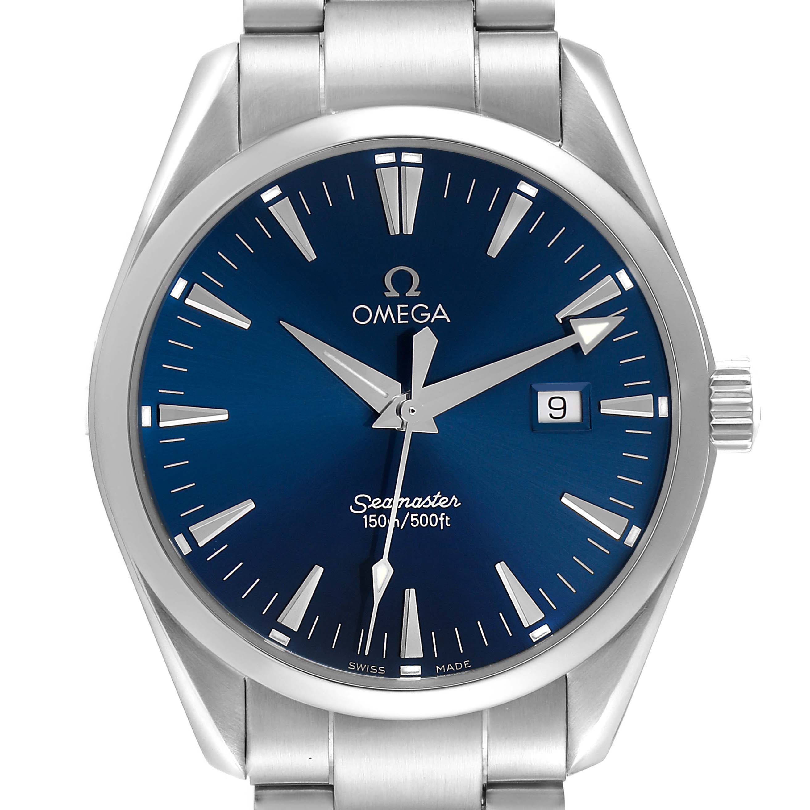 The image shows a front view of an Omega Seamaster 2517.80.00 Men's Stainless Steel Blue Dial watch, highlighting the dial, hands, date window, and part of the bracelet.