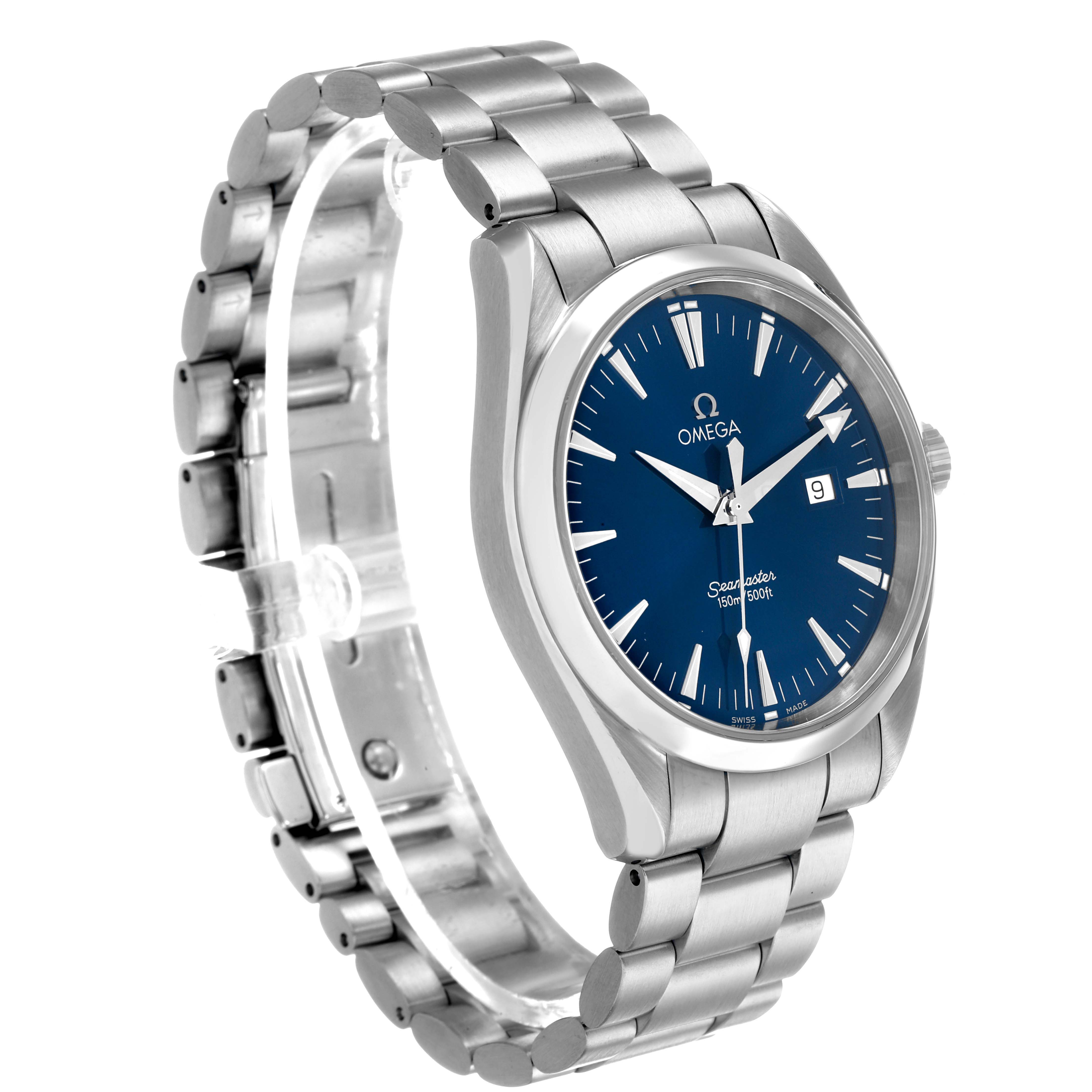 The Omega Seamaster 2517.80.00 Men's Stainless Steel Blue Dial watch is shown at a three-quarter angle displaying its blue dial, stainless steel bracelet, and date function.