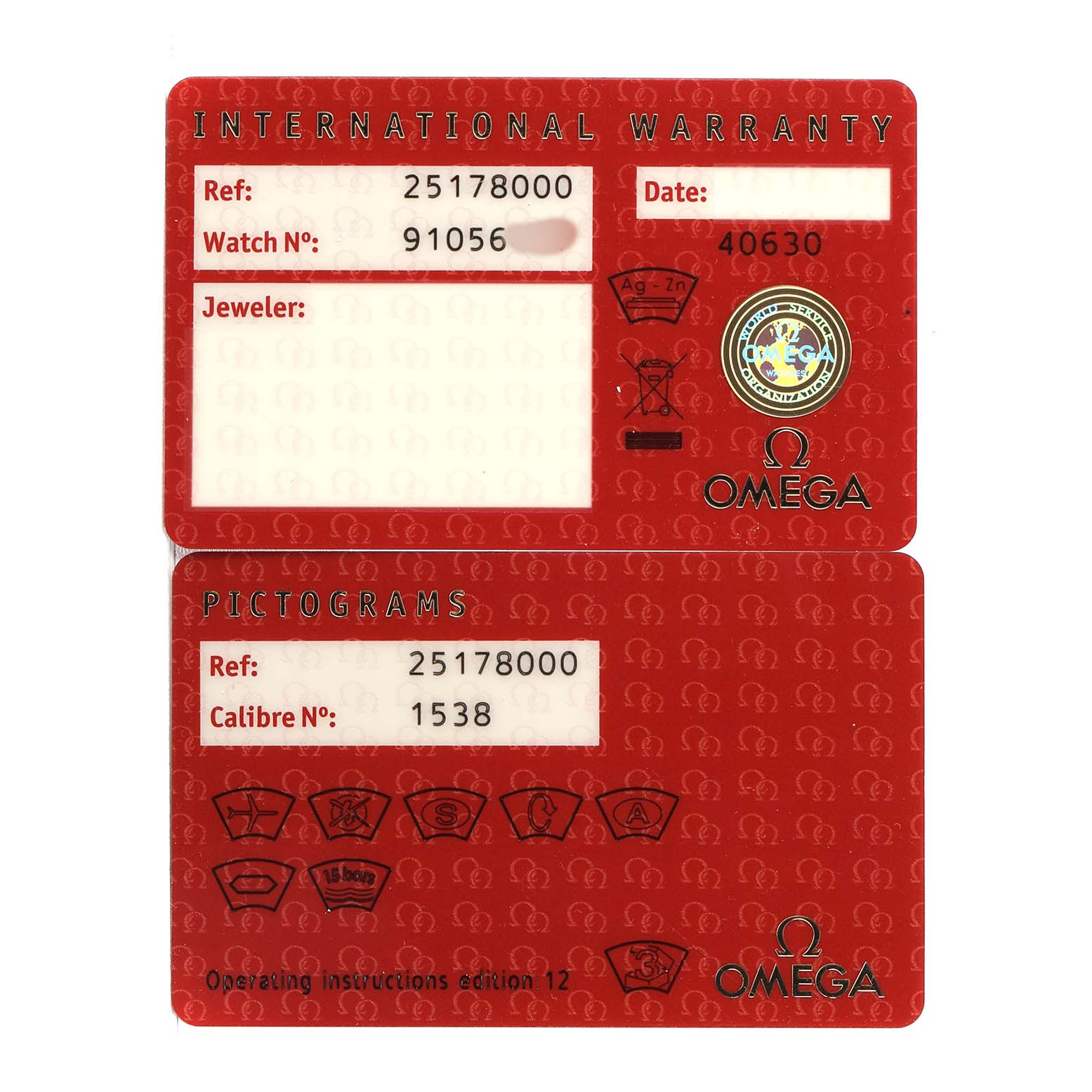 The image shows warranty and pictogram cards for the Omega Seamaster 2517.80.00 Men's Stainless Steel Blue Dial model, featuring reference and calibre numbers.