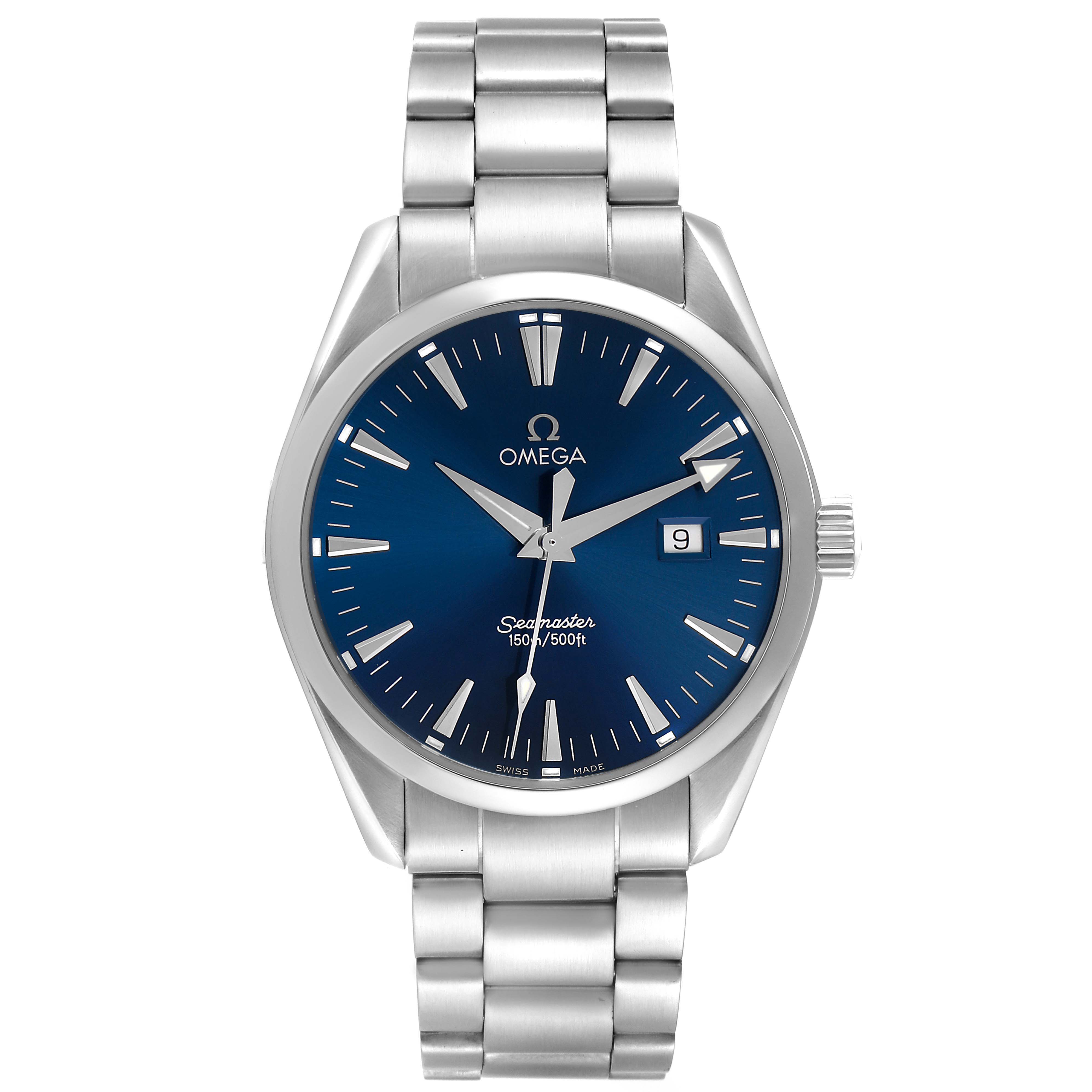 The Omega Seamaster 2517.80.00 Men's Stainless Steel Blue Dial watch is shown from the front, highlighting its blue dial, silver bracelet, and date function.