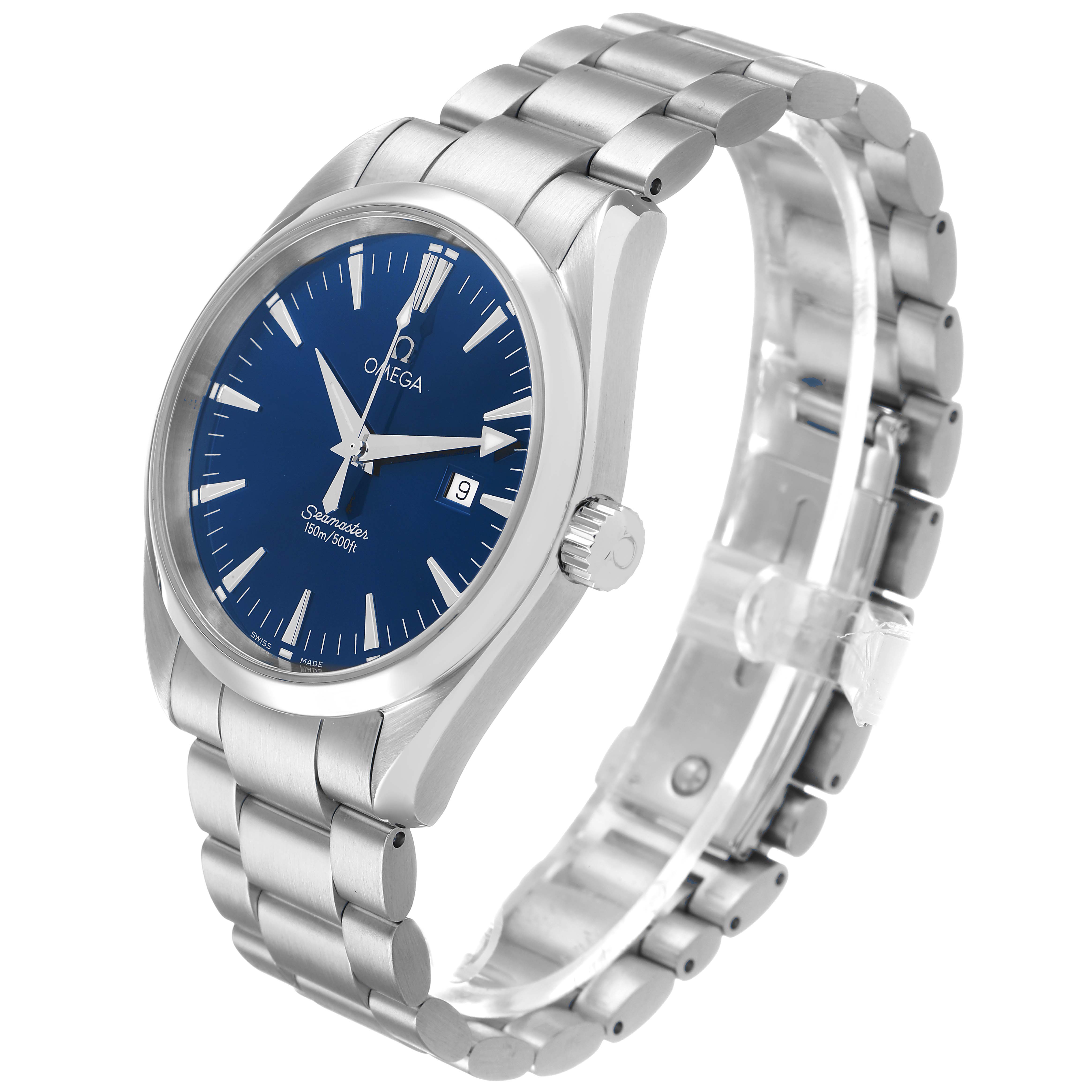 The Omega Seamaster 2517.80.00 Men's Stainless Steel Blue Dial watch is shown at a three-quarter angle, highlighting the dial, case, crown, and bracelet.