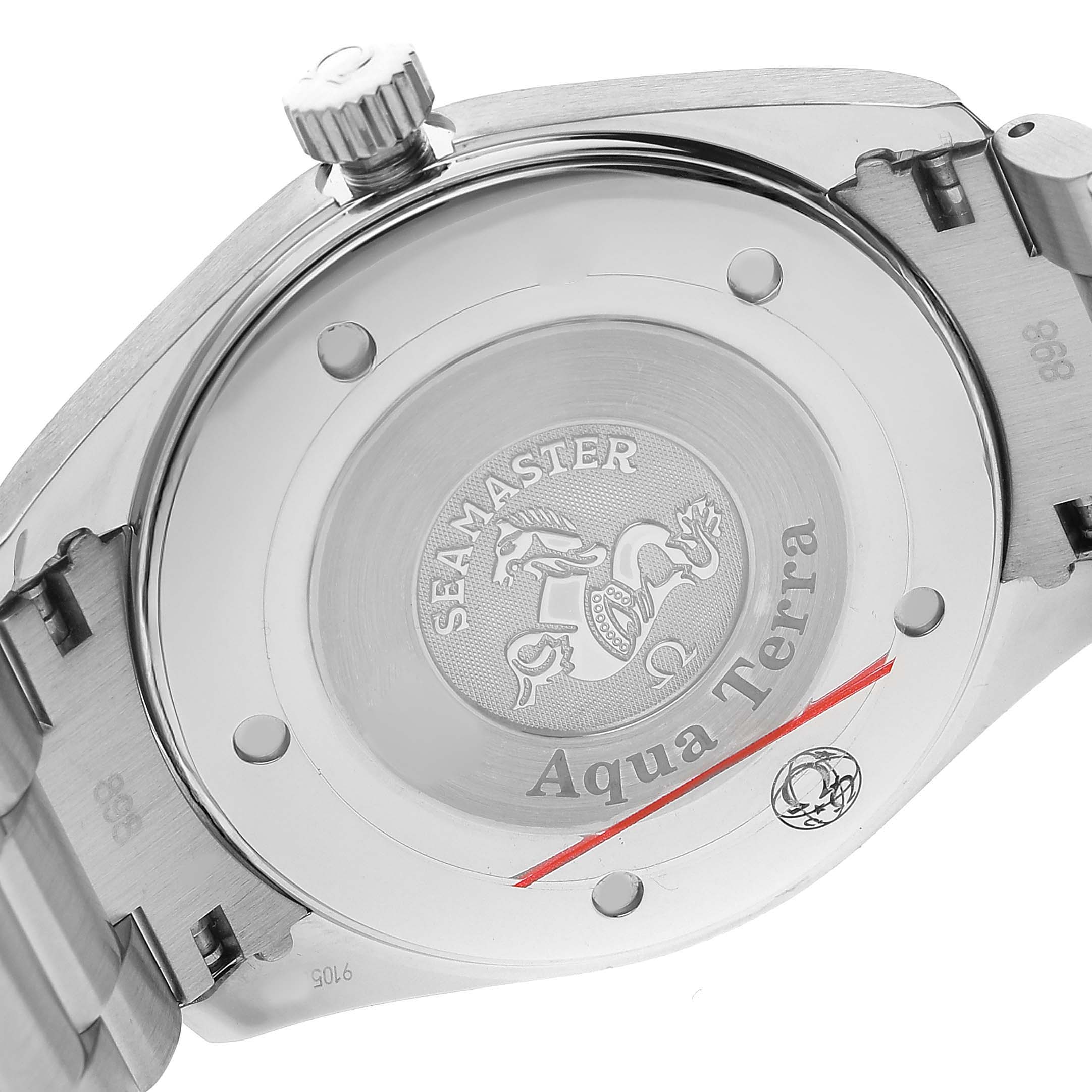 The image shows the back case of an Omega Seamaster 2517.80.00 Men's Stainless Steel Blue Dial Aqua Terra, highlighting the emblem and crown.