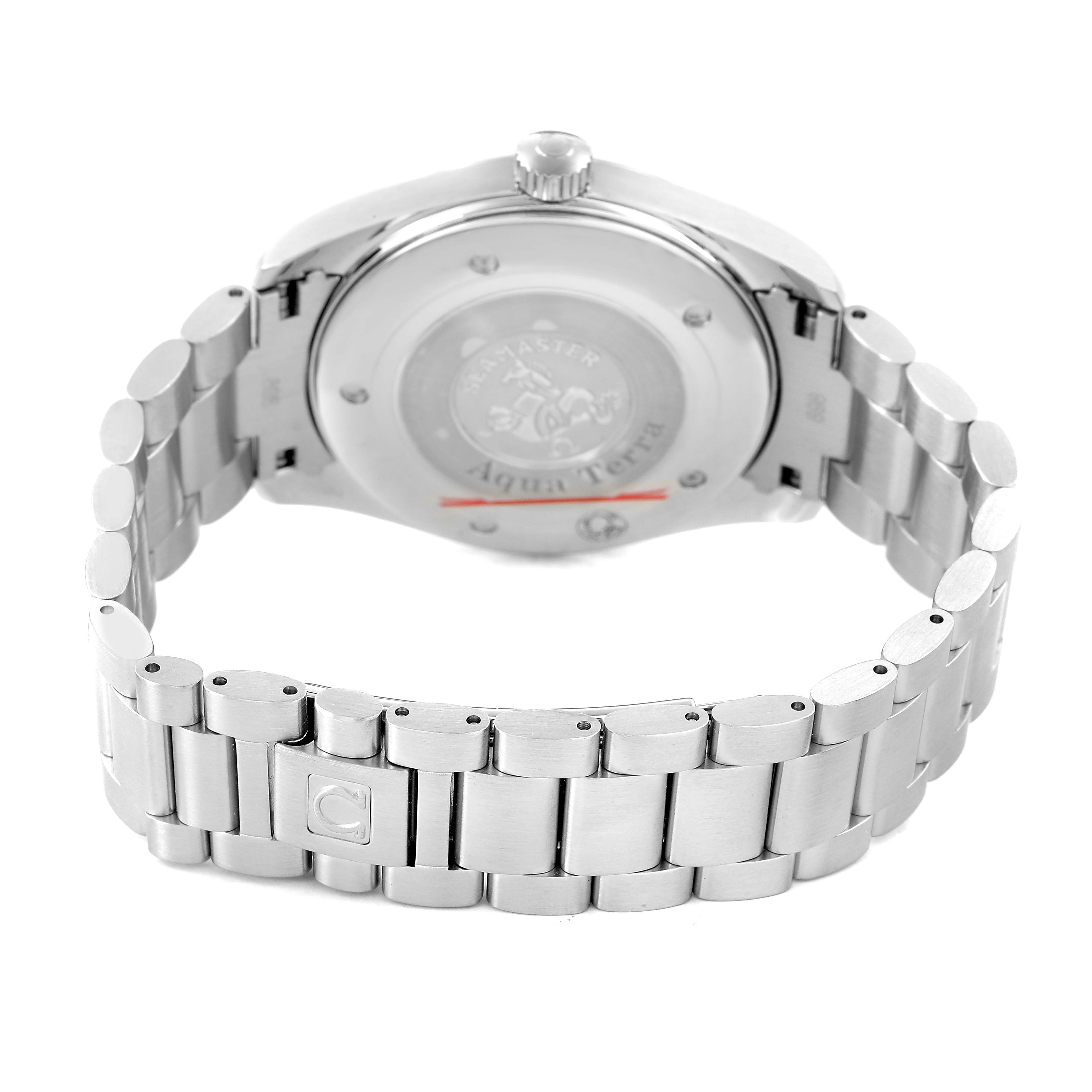 The image shows the back case and bracelet of an Omega Seamaster 2517.80.00 Men's Stainless Steel Blue Dial, highlighting the clasp and engravings.