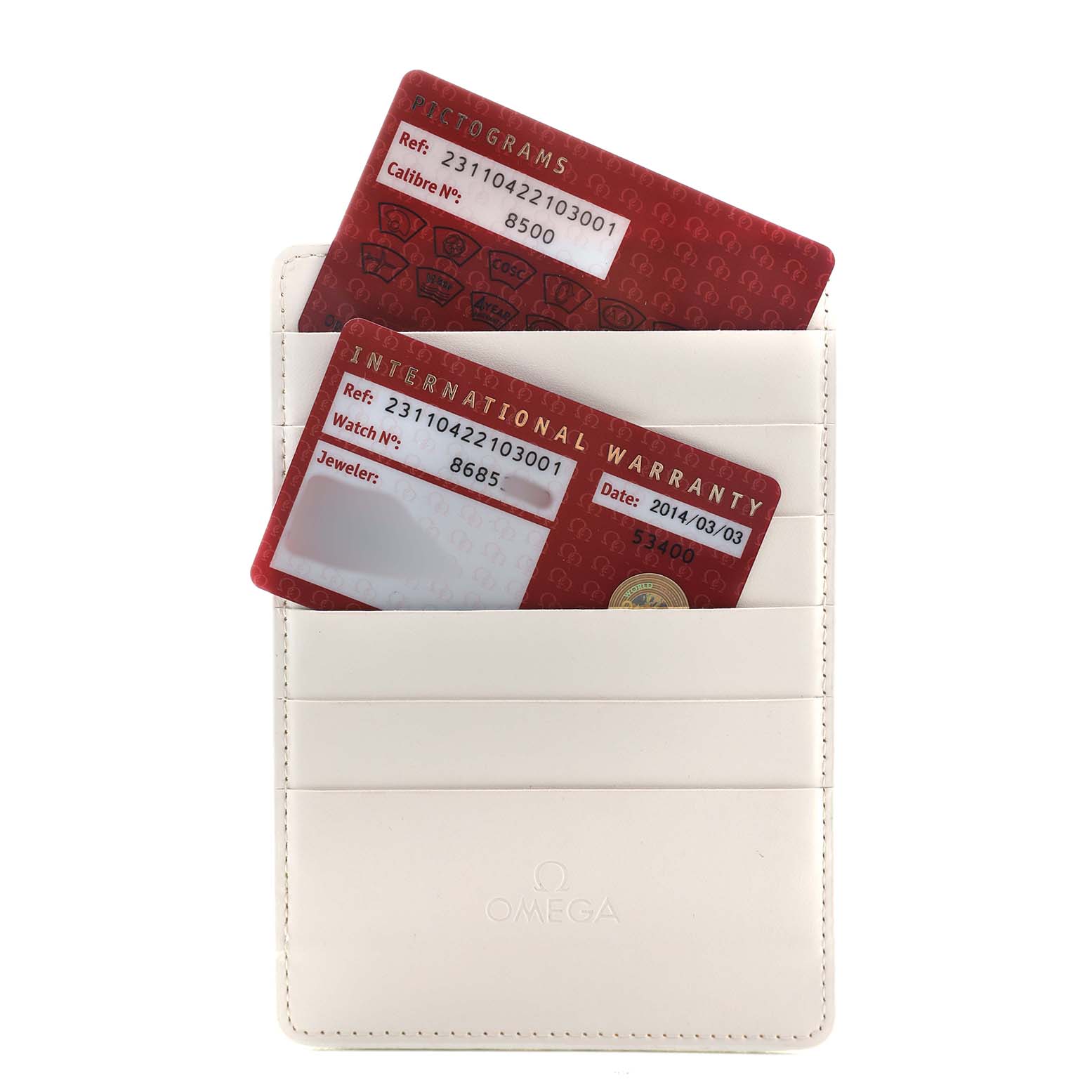 The image shows Omega Aqua Terra 231.10.42.21.03.001 Men's Stainless Steel Blue Dial model warranty cards inside a white cardholder from a front view.