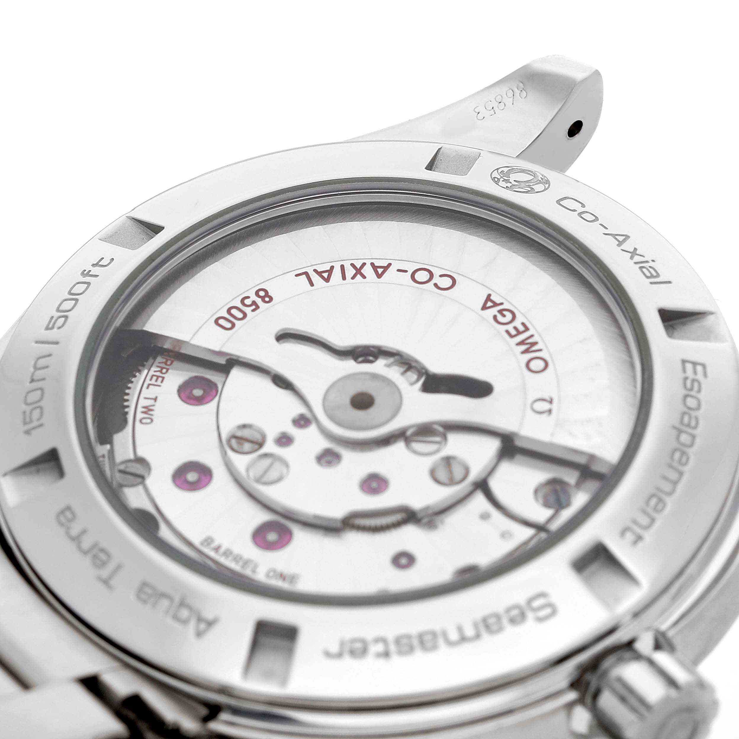 The image shows the back of the Omega Aqua Terra 231.10.42.21.03.001 Men's Stainless Steel Blue Dial watch, highlighting its Co-Axial movement mechanism.