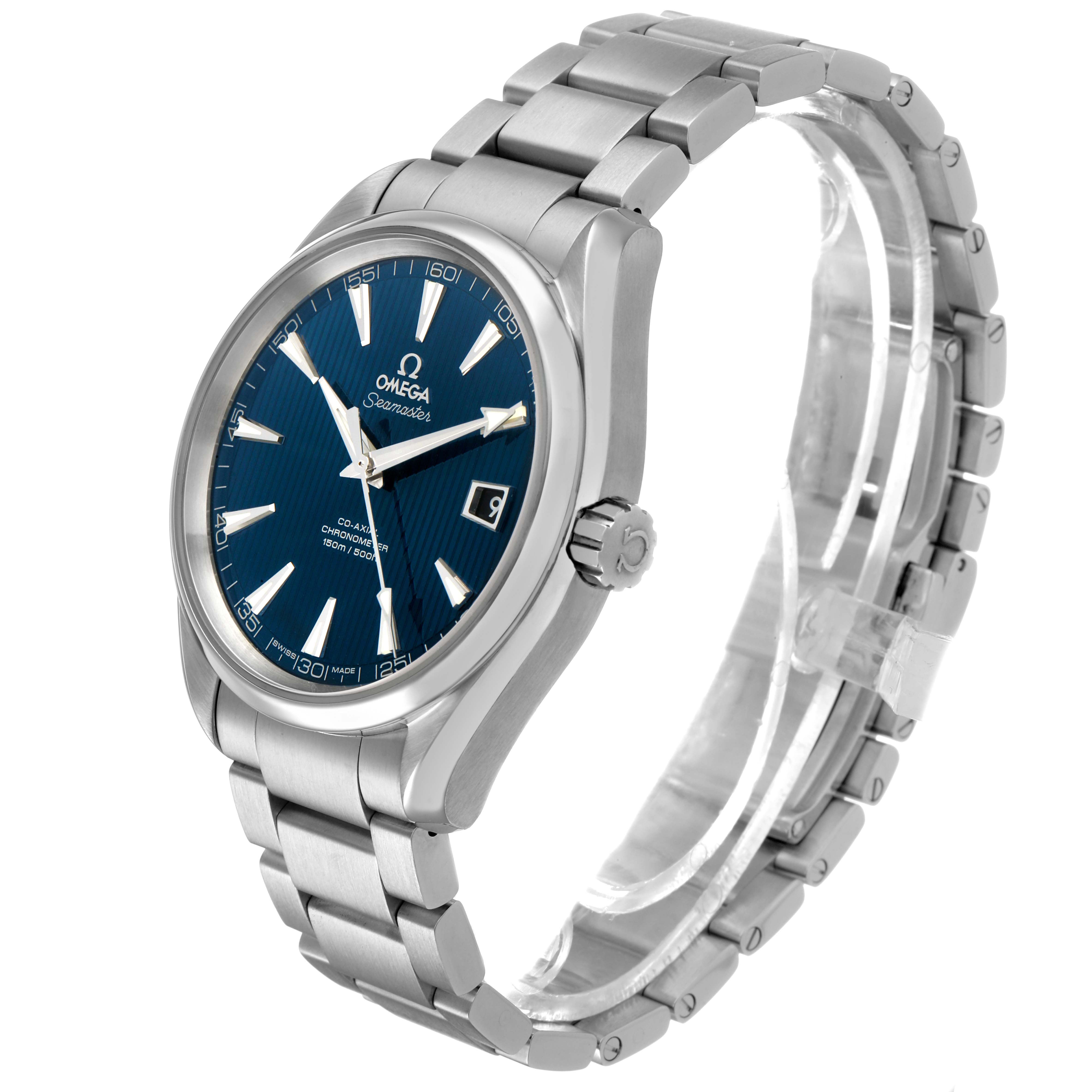 The Omega Aqua Terra 231.10.42.21.03.001 Men's Stainless Steel Blue Dial watch is shown at a three-quarter angle, displaying its face, bracelet, and crown.