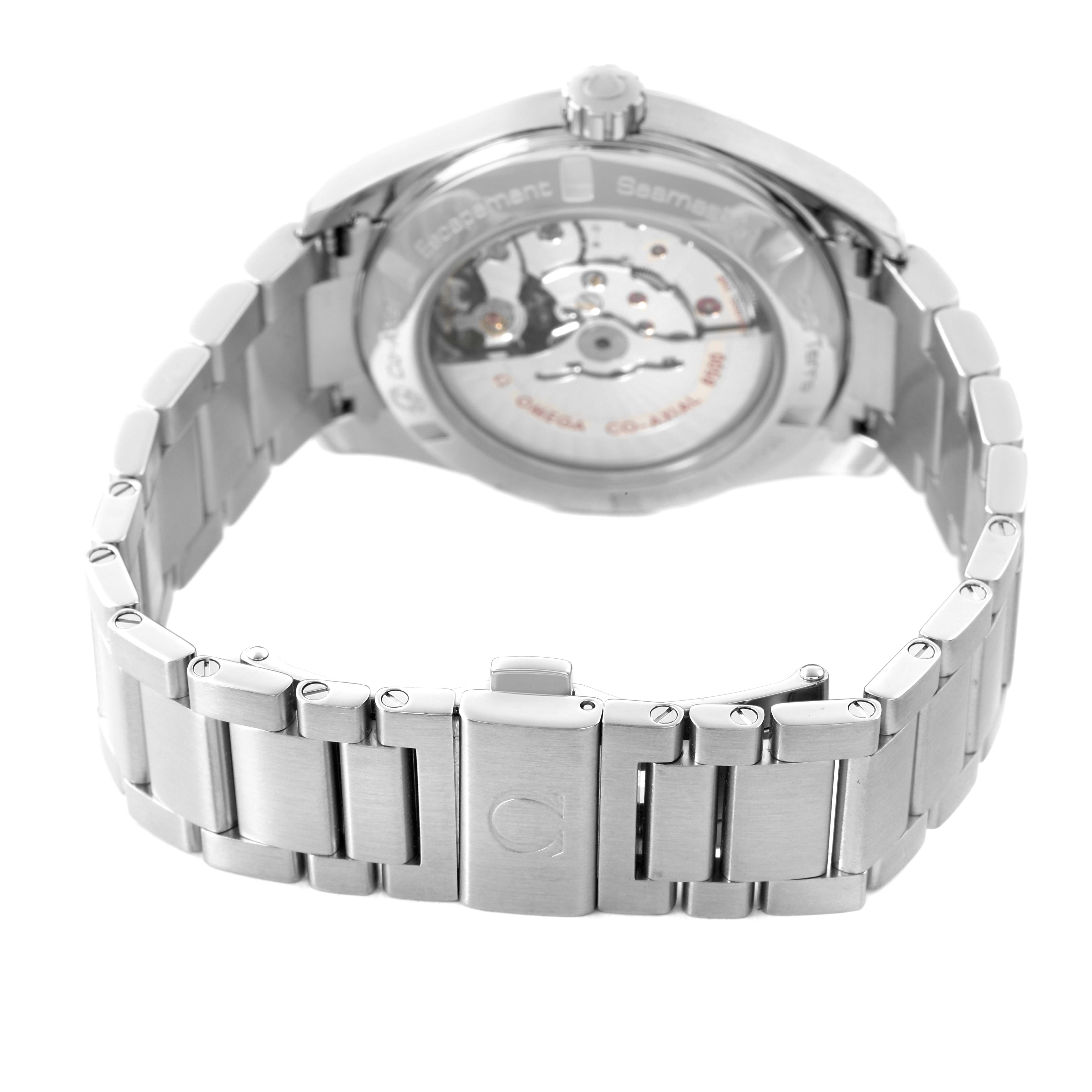 The image shows the back of the Omega Aqua Terra 231.10.42.21.03.001 Men's Stainless Steel Blue Dial watch, highlighting its bracelet and exposed movement through the caseback.