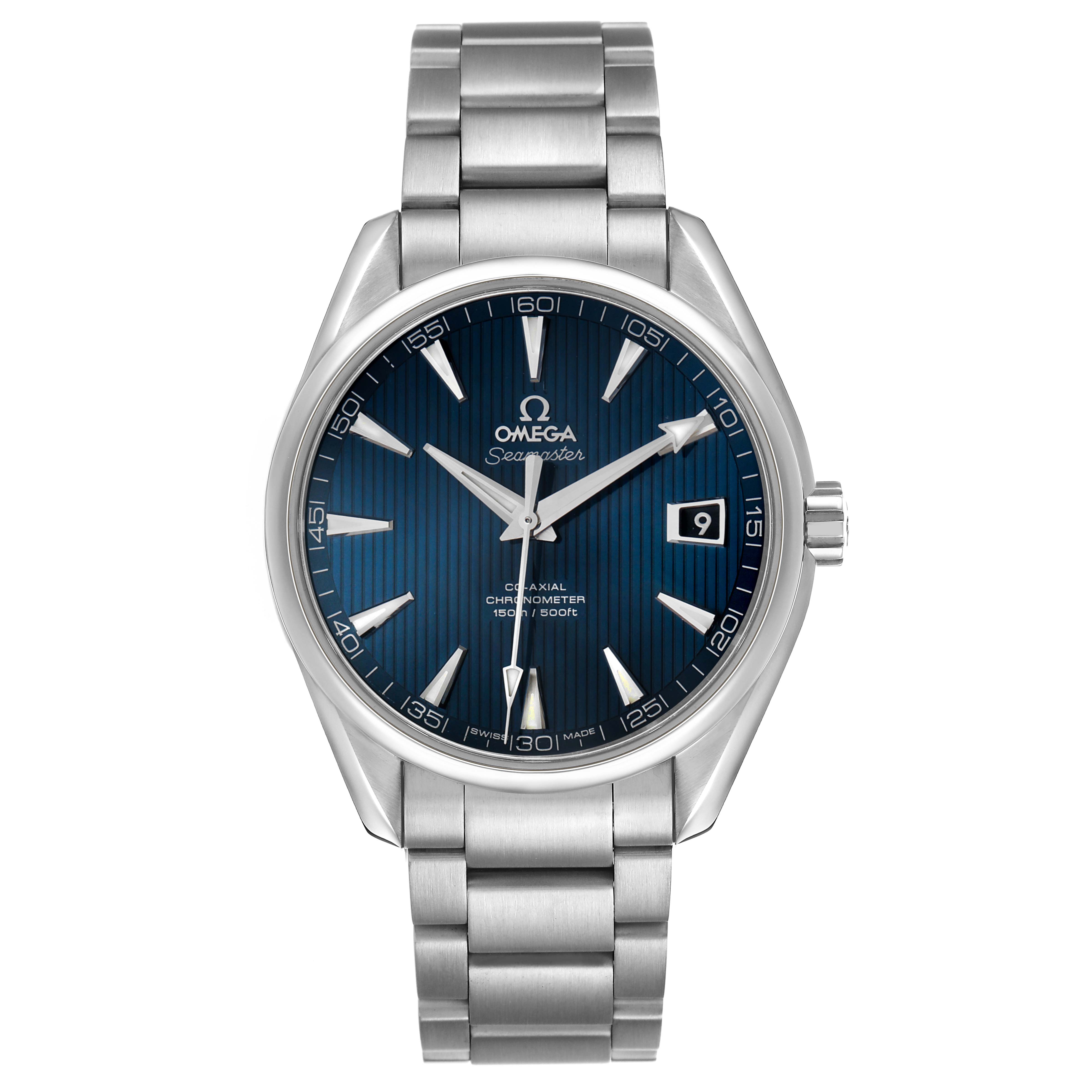 The Omega Aqua Terra 231.10.42.21.03.001 Men's Stainless Steel Blue Dial watch is shown from a front view, highlighting the dial, hands, and bracelet.