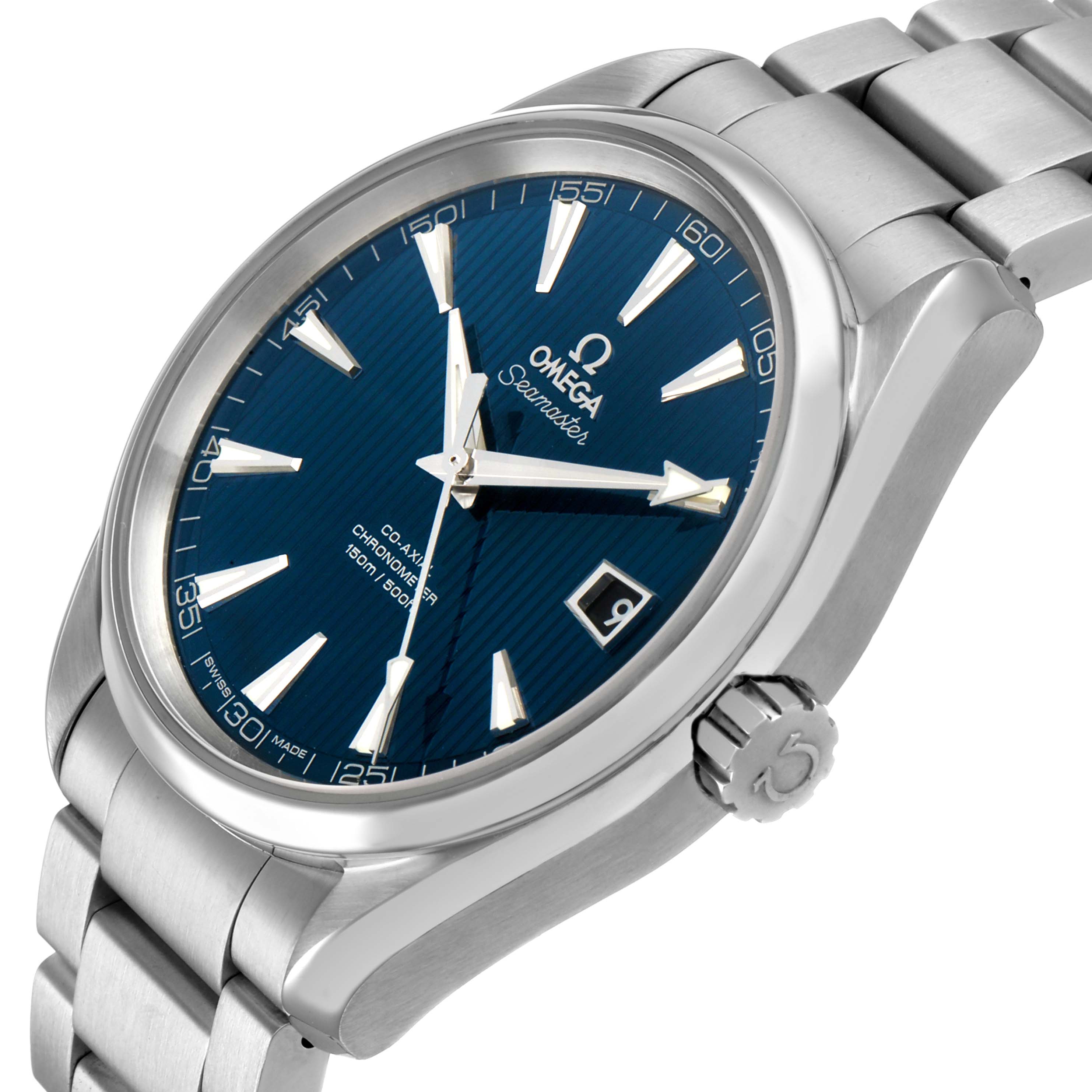 The Omega Aqua Terra 231.10.42.21.03.001 Men's Stainless Steel Blue Dial watch is shown at an oblique angle highlighting the blue dial, markers, and stainless steel bracelet.