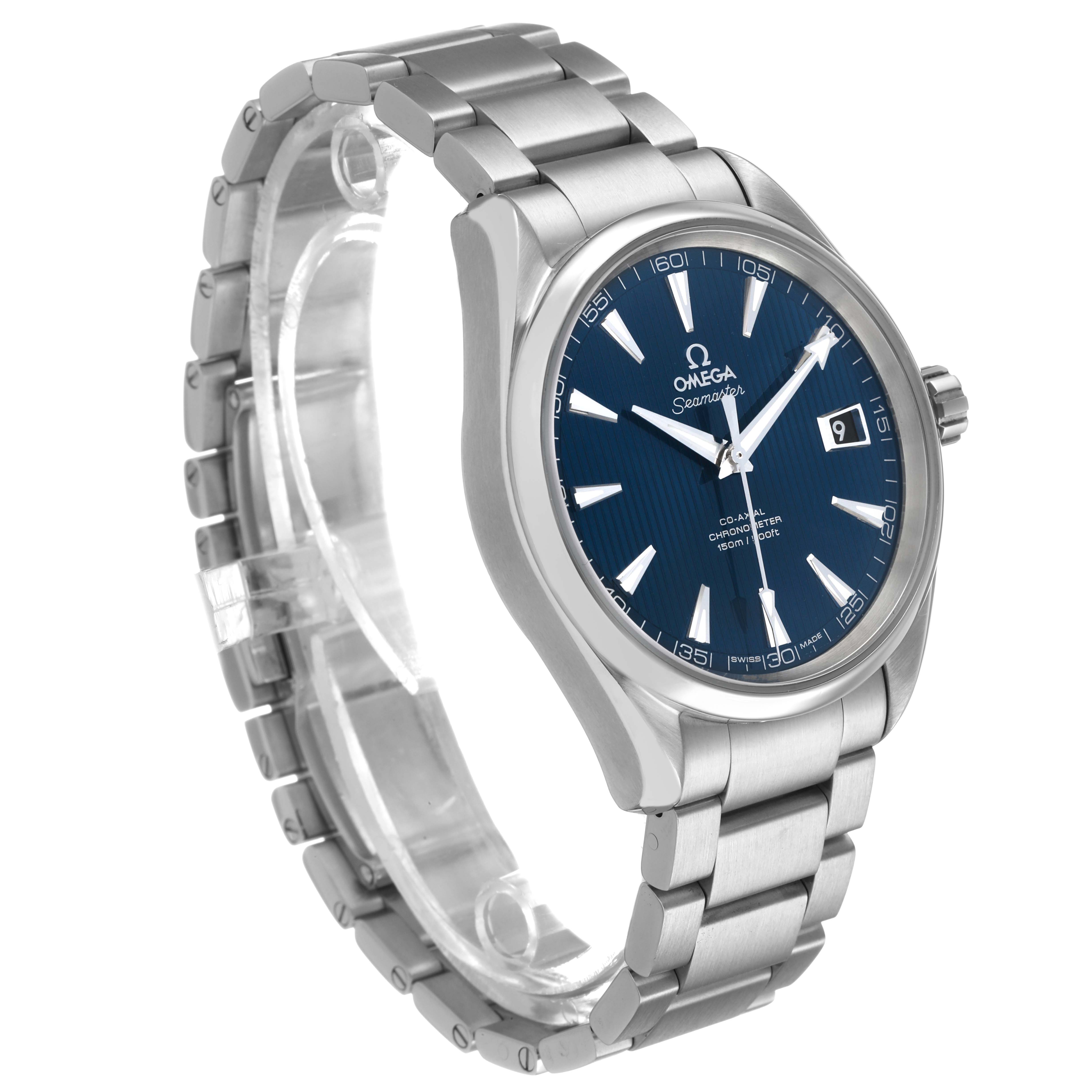 The Omega Aqua Terra 231.10.42.21.03.001 Men's Stainless Steel Blue Dial watch is shown at a three-quarter angle, displaying the face, case, and bracelet prominently.