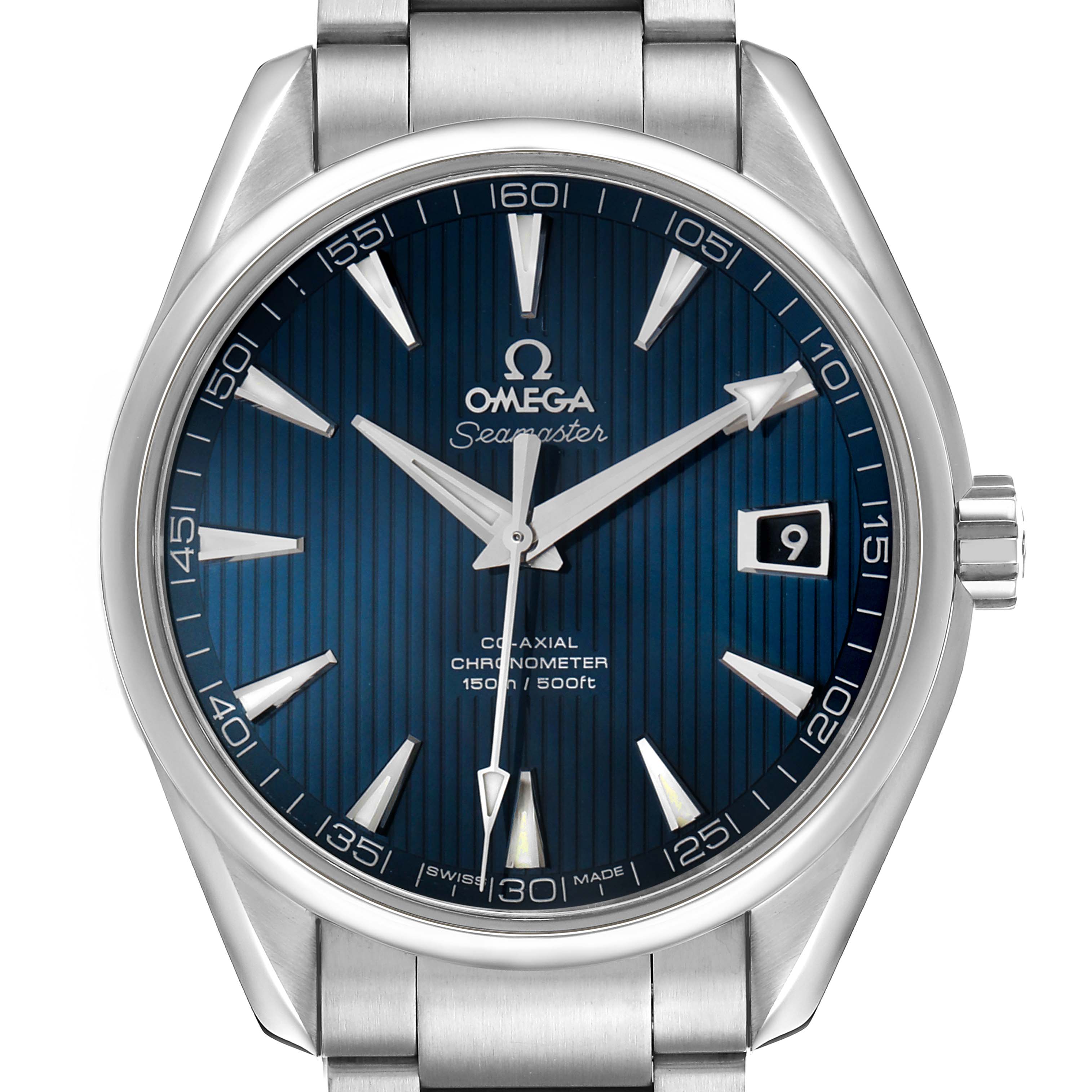 The Omega Aqua Terra 231.10.42.21.03.001 Men's Stainless Steel Blue Dial watch is shown from a front angle, highlighting its blue dial, indices, hands, date window, and part of the bracelet.