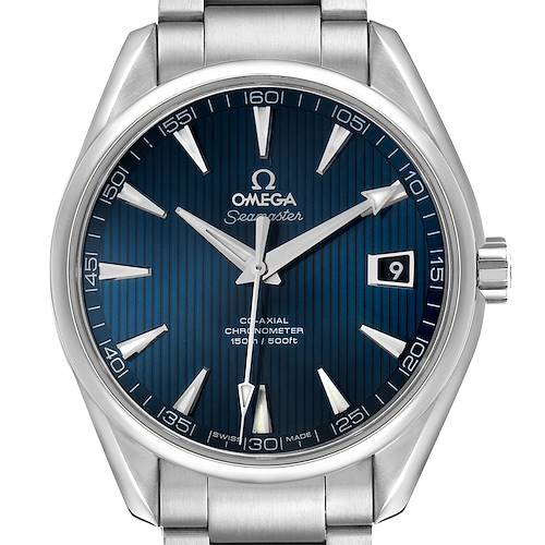 The Omega Aqua Terra 231.10.42.21.03.001 Men's Stainless Steel Blue Dial watch is shown from the front, highlighting the dial, hands, date window, and part of the bracelet.