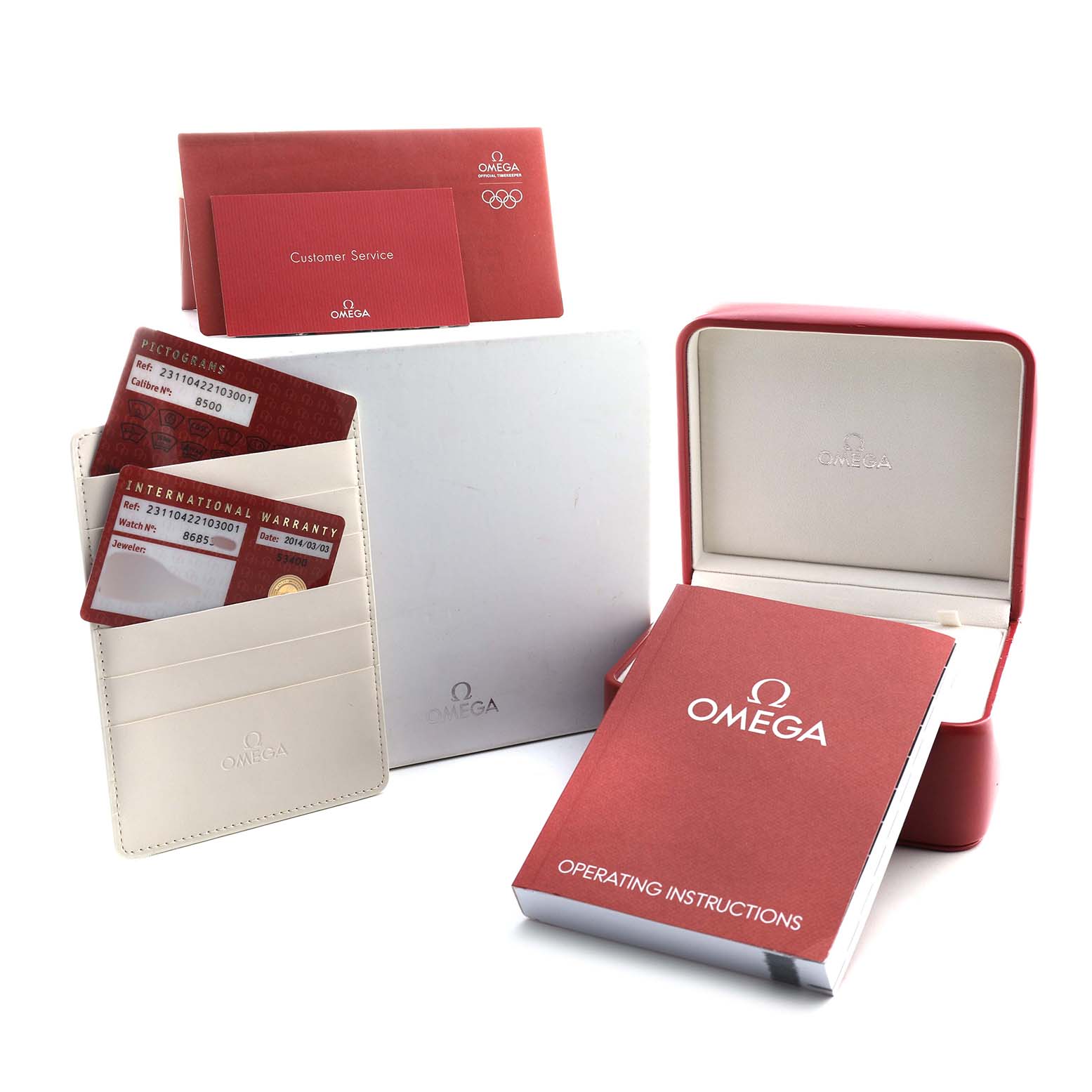 The image shows accessories for the Omega Aqua Terra 231.10.42.21.03.001 Men's Stainless Steel Blue Dial, including a box, cards, manuals, and a cardholder.