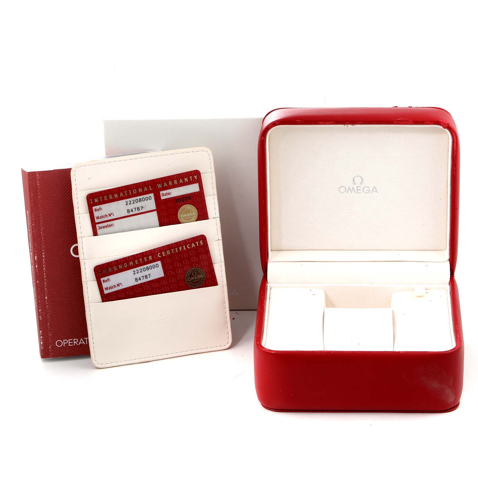 The image shows an Omega Seamaster 2220.80.00 Men's Stainless Steel Blue Dial 2220.80.00 Men's Stainless Steel Blue Dial watch box, warranty cards, chronometer certificate, and an operation manual.