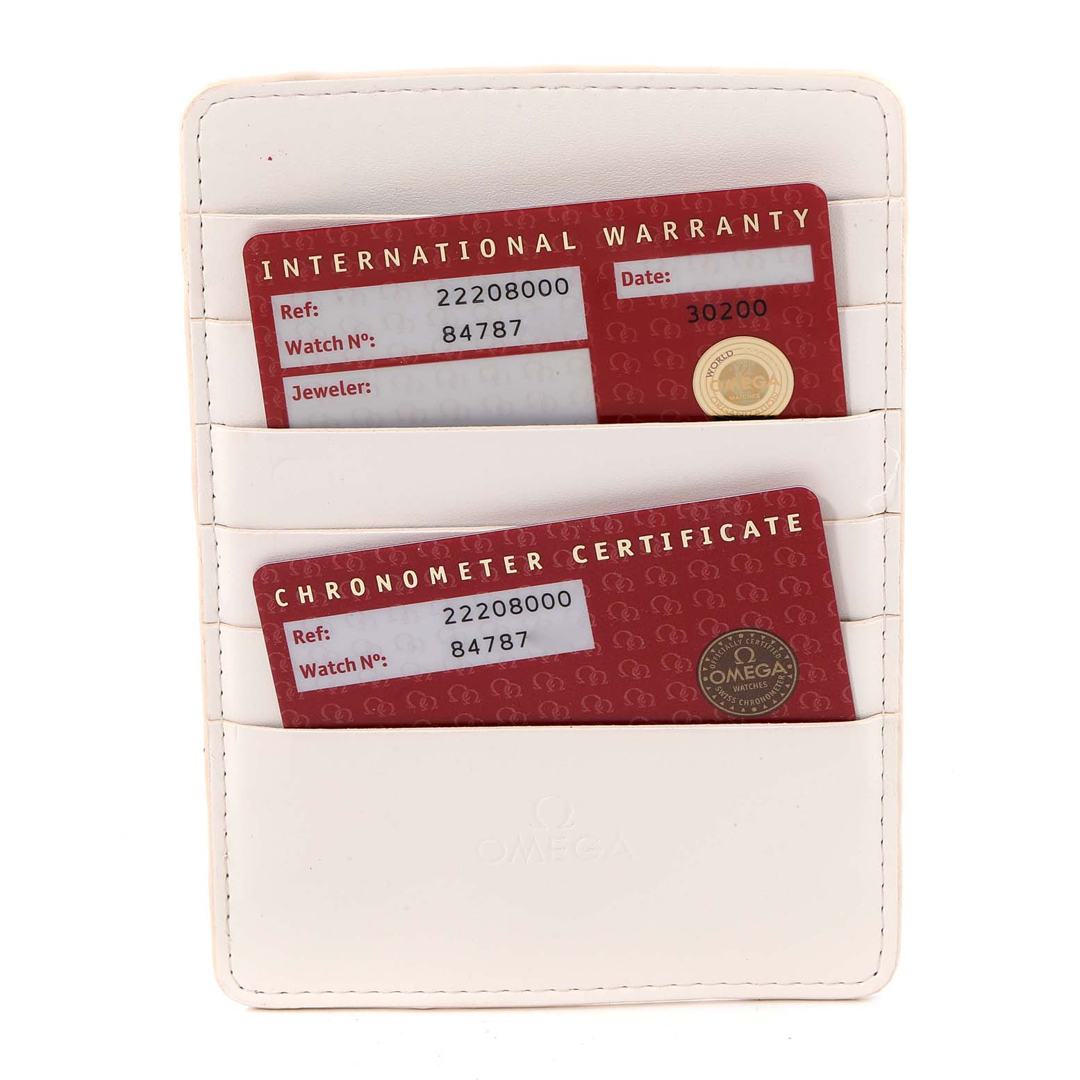 The image shows the international warranty and chronometer certificate cards for the Omega Seamaster 2220.80.00 Men's Stainless Steel Blue Dial 2220.80.00 Men's Stainless Steel Blue Dial model.