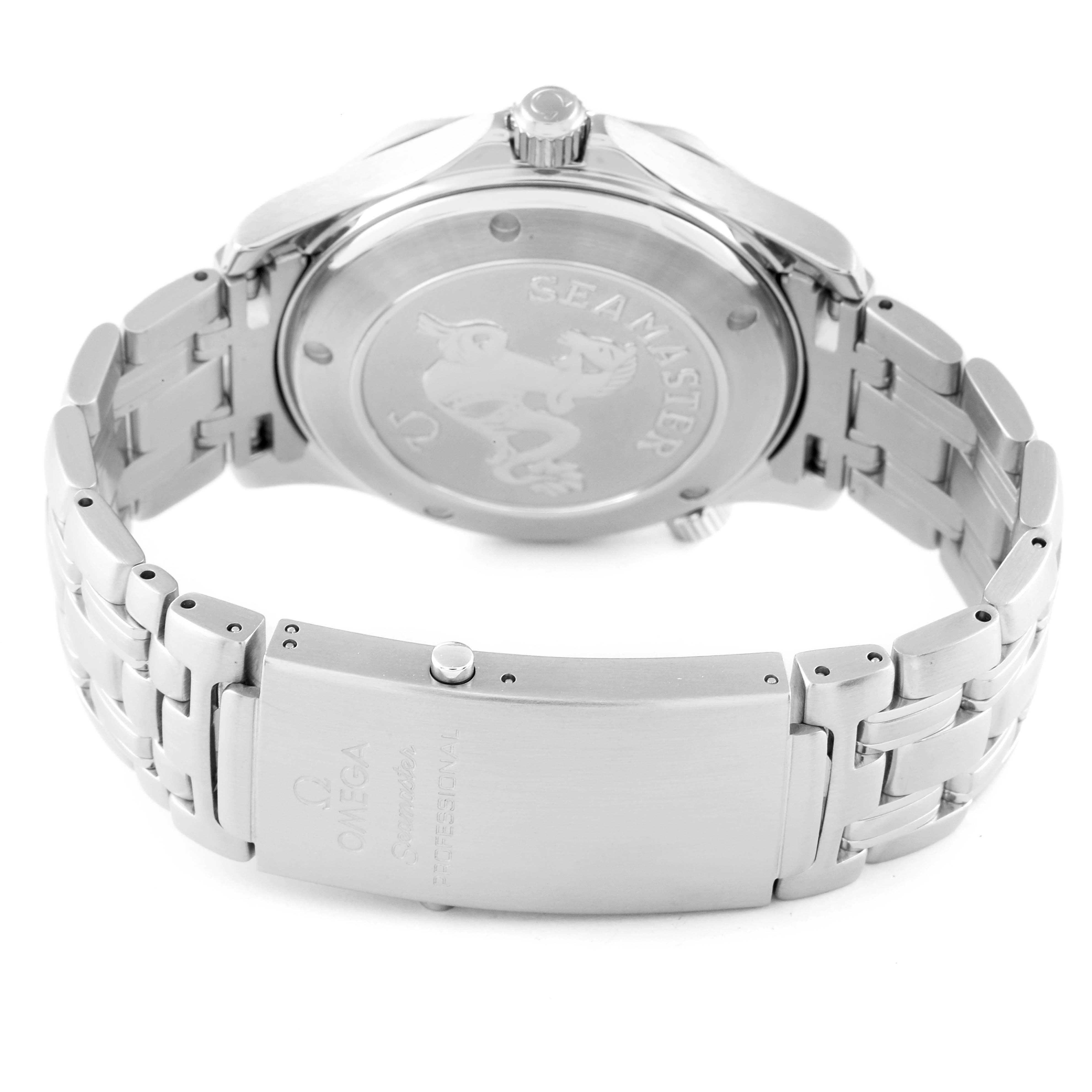 The image shows the back and bracelet clasp of the Omega Seamaster 2220.80.00 Men's Stainless Steel Blue Dial 2220.80.00 Men's Stainless Steel Blue Dial watch from a rear angle.