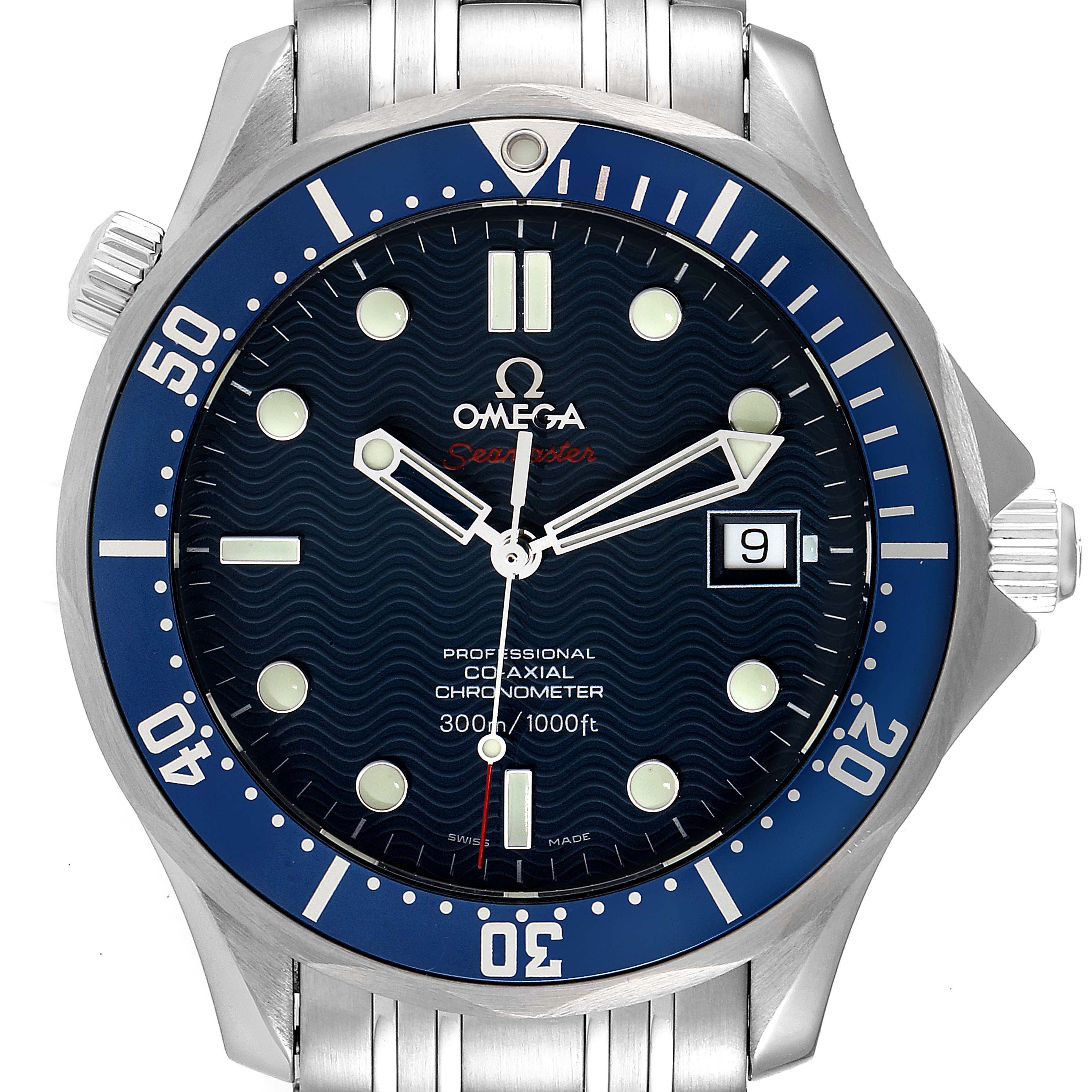 The image shows the front view of an Omega Seamaster 2220.80.00 Men's Stainless Steel Blue Dial 2220.80.00 Men's Stainless Steel Blue Dial watch, including the dial, bezel, crown, and part of the bracelet.