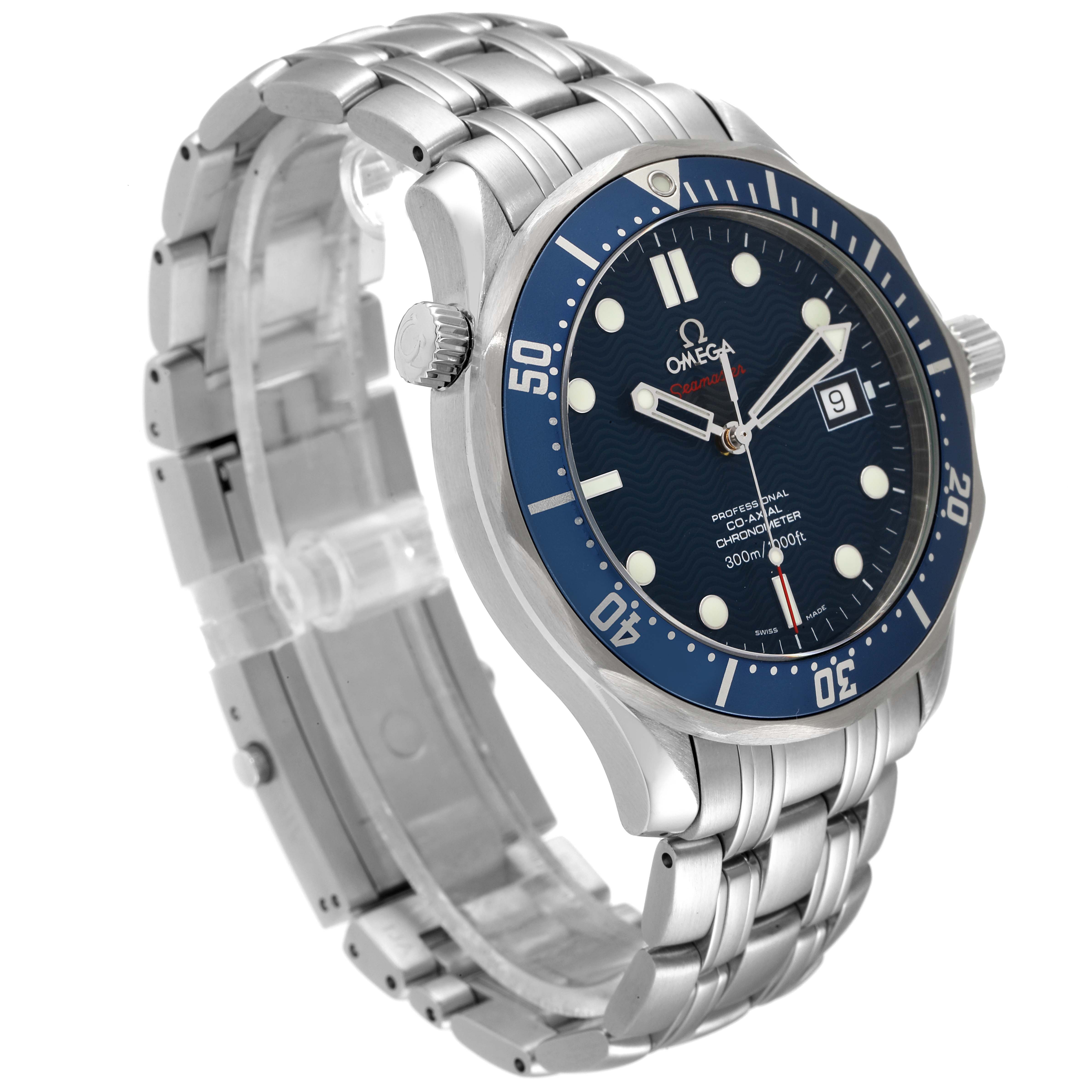 The image shows an angled side and front view of an Omega Seamaster 2220.80.00 Men's Stainless Steel Blue Dial 2220.80.00 Men's Stainless Steel Blue Dial watch, focusing on the face, bezel, and bracelet.