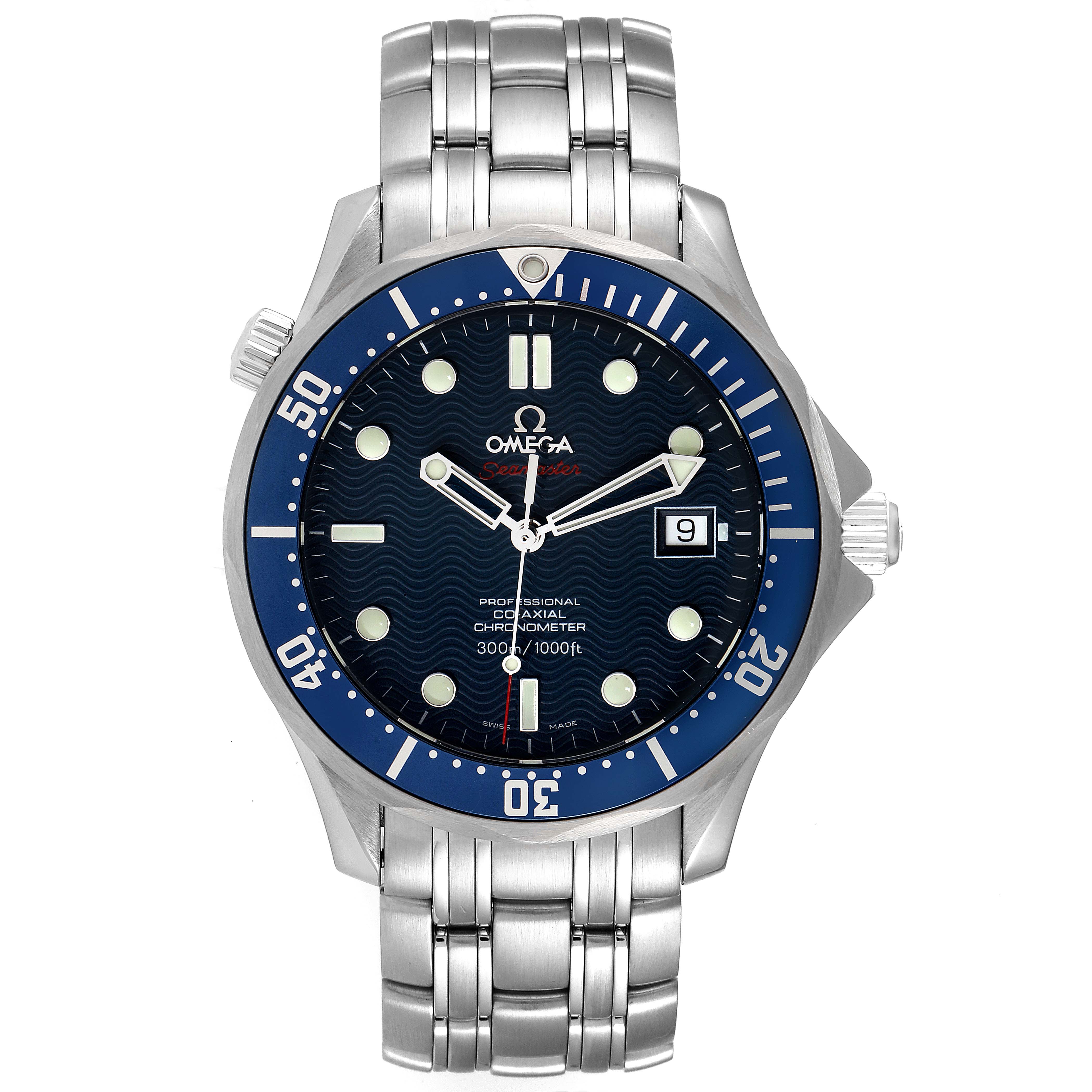 The image shows a frontal view of the Omega Seamaster 2220.80.00 Men's Stainless Steel Blue Dial 2220.80.00 Men's Stainless Steel Blue Dial watch, displaying the dial, bezel, and stainless steel bracelet.