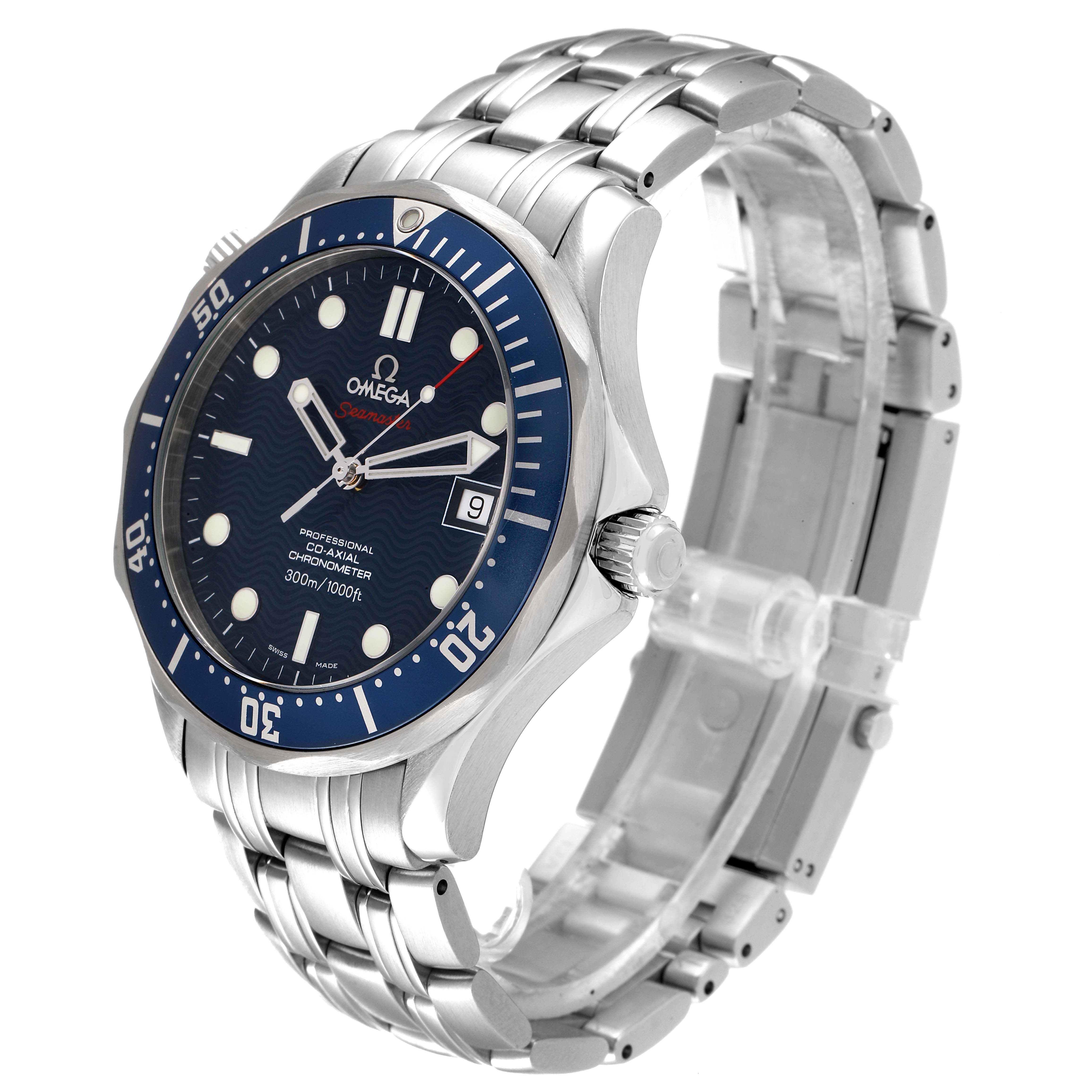 The Omega Seamaster 2220.80.00 Men's Stainless Steel Blue Dial 2220.80.00 Men's Stainless Steel Blue Dial watch is shown at an angled side view, highlighting the face, bezel, and metal bracelet.