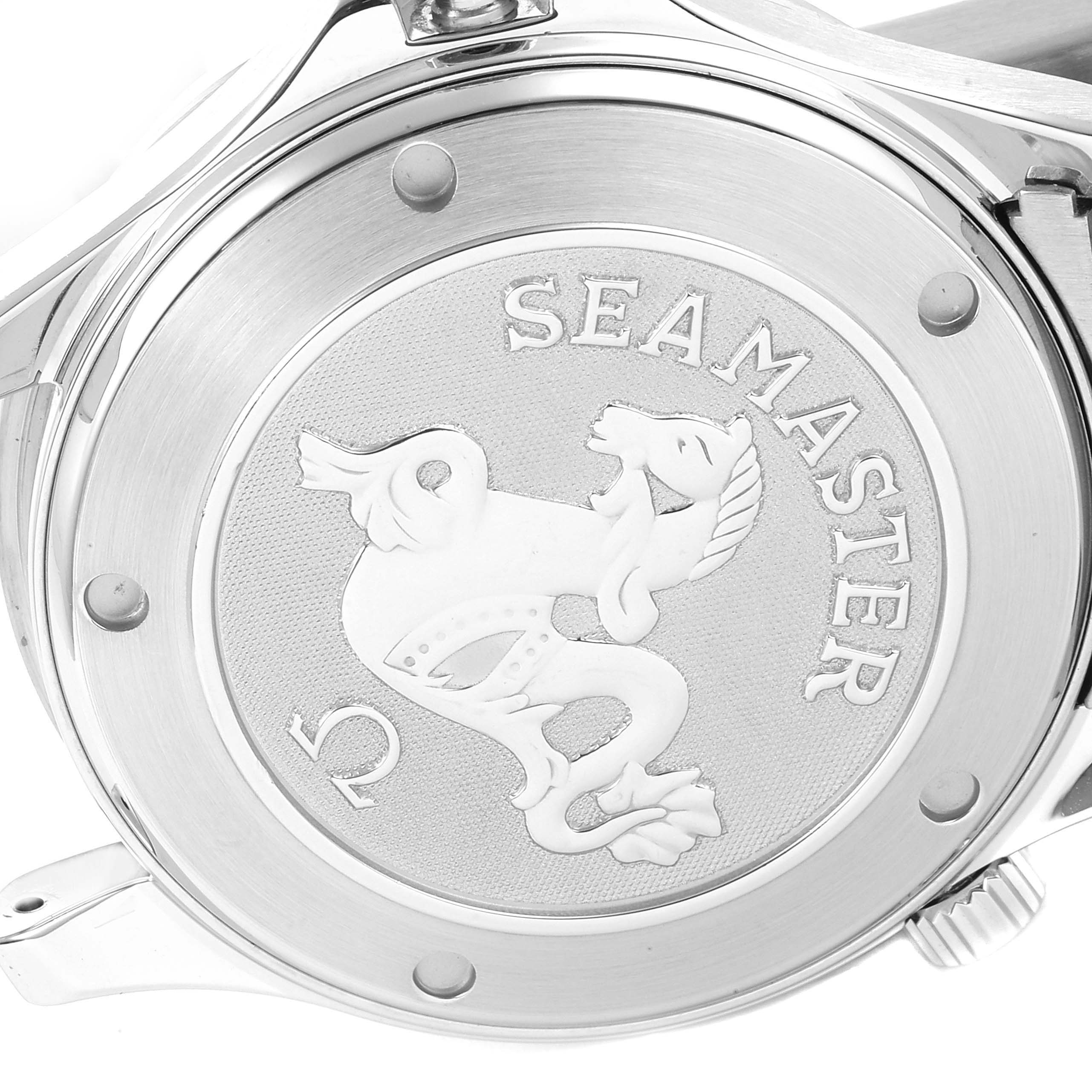 This image shows the back case of an Omega Seamaster 2220.80.00 Men's Stainless Steel Blue Dial 2220.80.00 Men's Stainless Steel Blue Dial watch, featuring the engraved logo and model name.