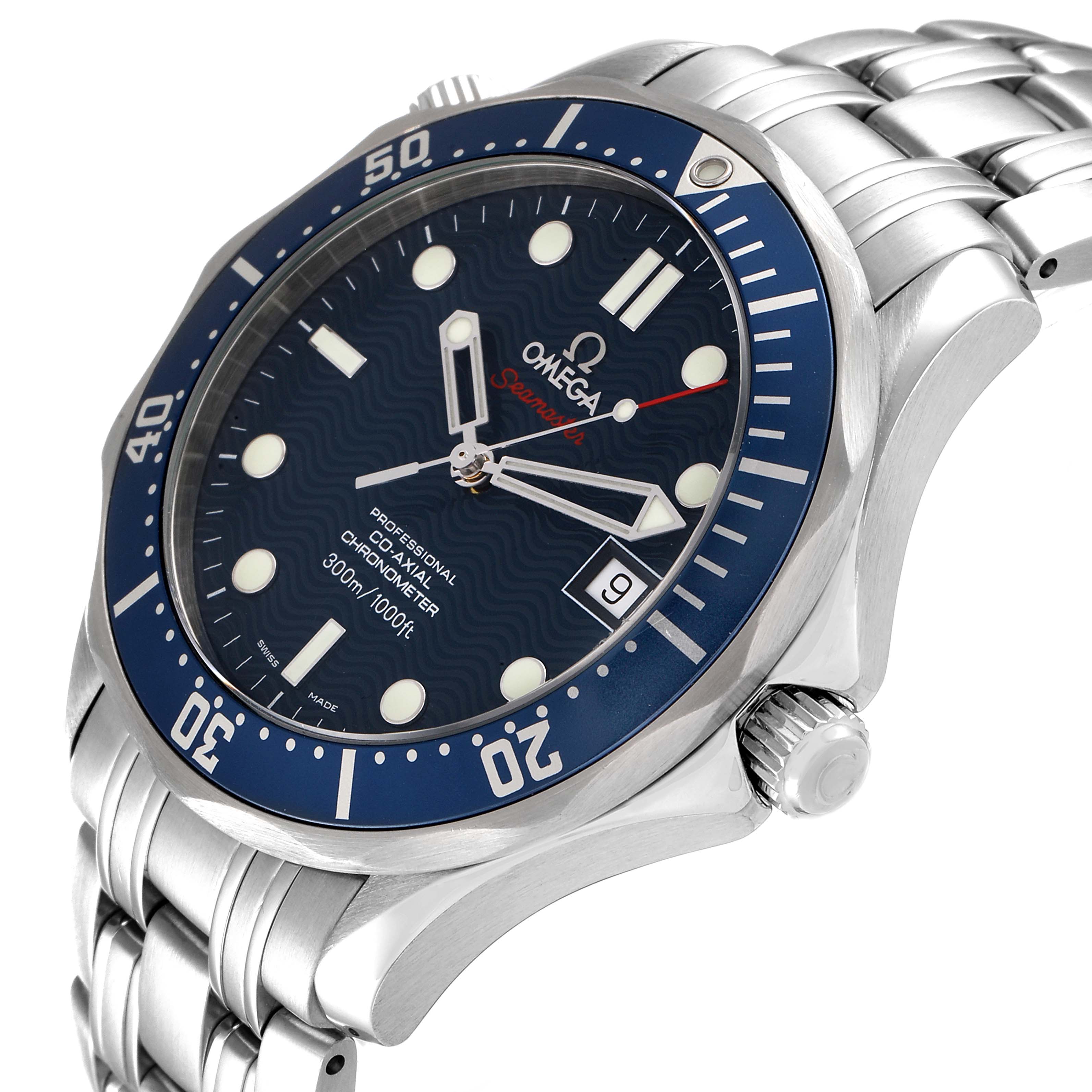 The image shows an angled view of the Omega Seamaster 2220.80.00 Men's Stainless Steel Blue Dial 2220.80.00 Men's Stainless Steel Blue Dial watch, highlighting the bezel, face, hands, and metal bracelet.