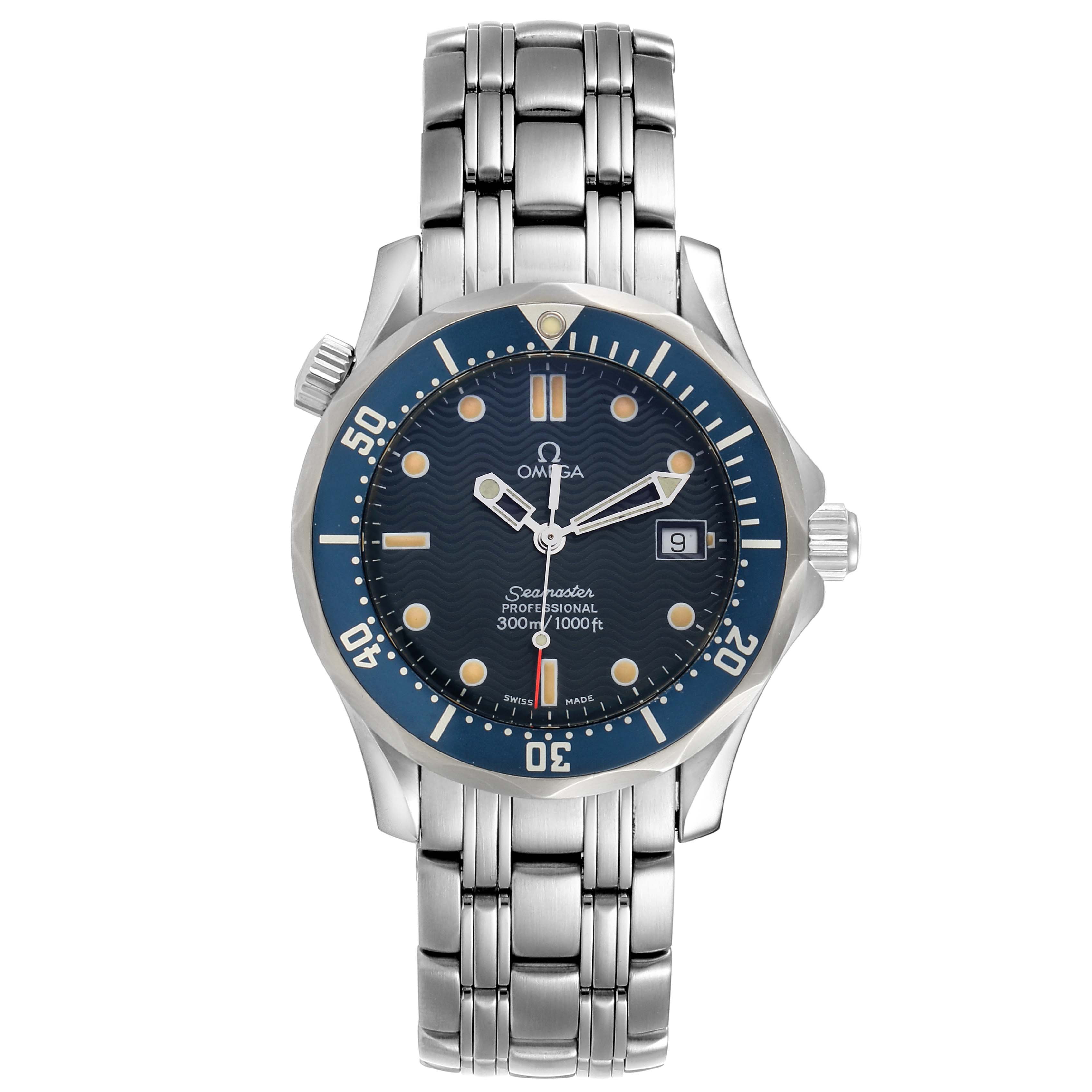 The image shows a front view of the Omega Seamaster 2561.80.00 Men
s Stainless Steel Blue Dial 2561.80.00 Men
s Stainless Steel Blue Dial watch, highlighting its dial, bezel, and stainless steel bracelet.