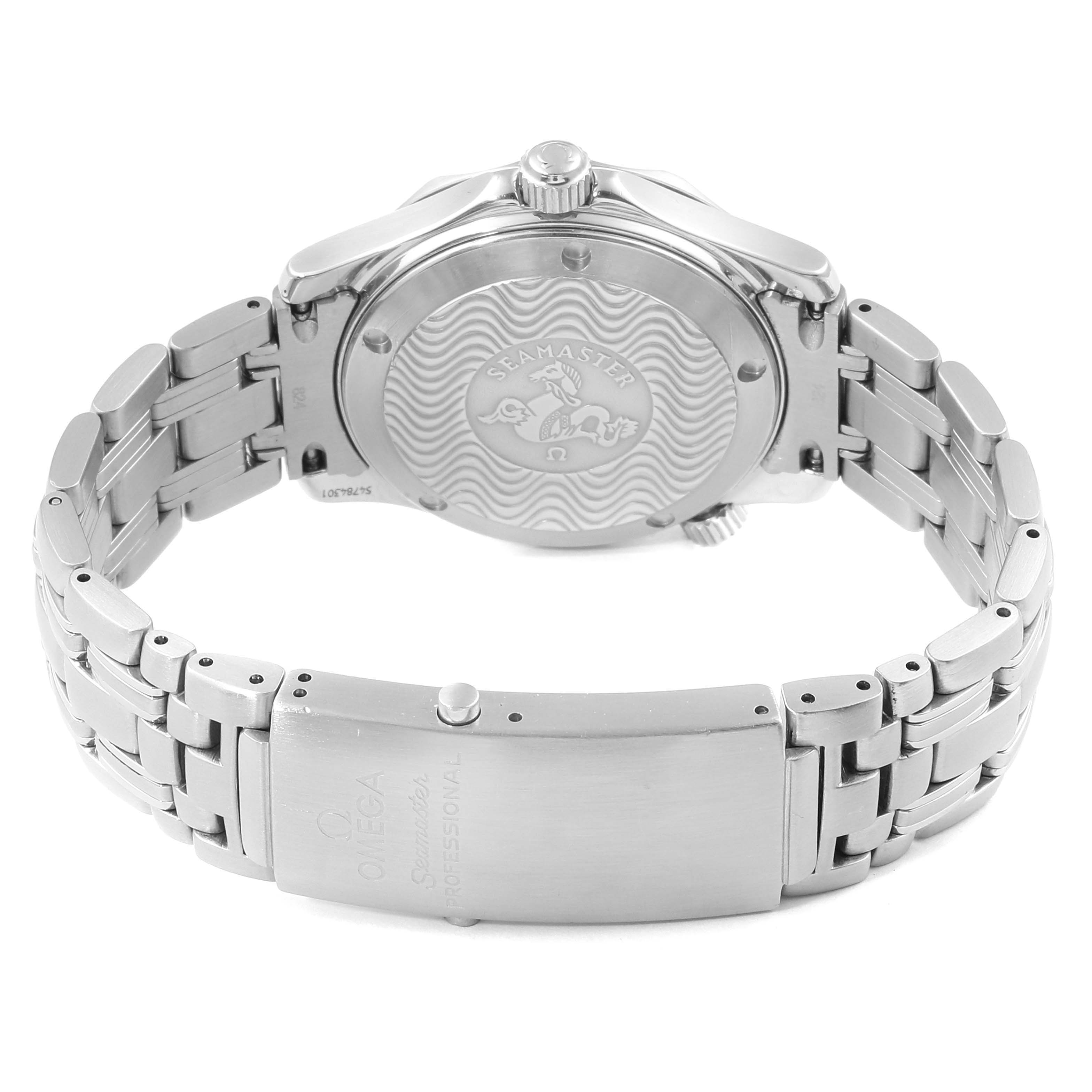 The image displays the back case and stainless steel bracelet of an Omega Seamaster 2561.80.00 Men
s Stainless Steel Blue Dial 2561.80.00 Men
s Stainless Steel Blue Dial watch, showcasing its engraved case back and clasp.