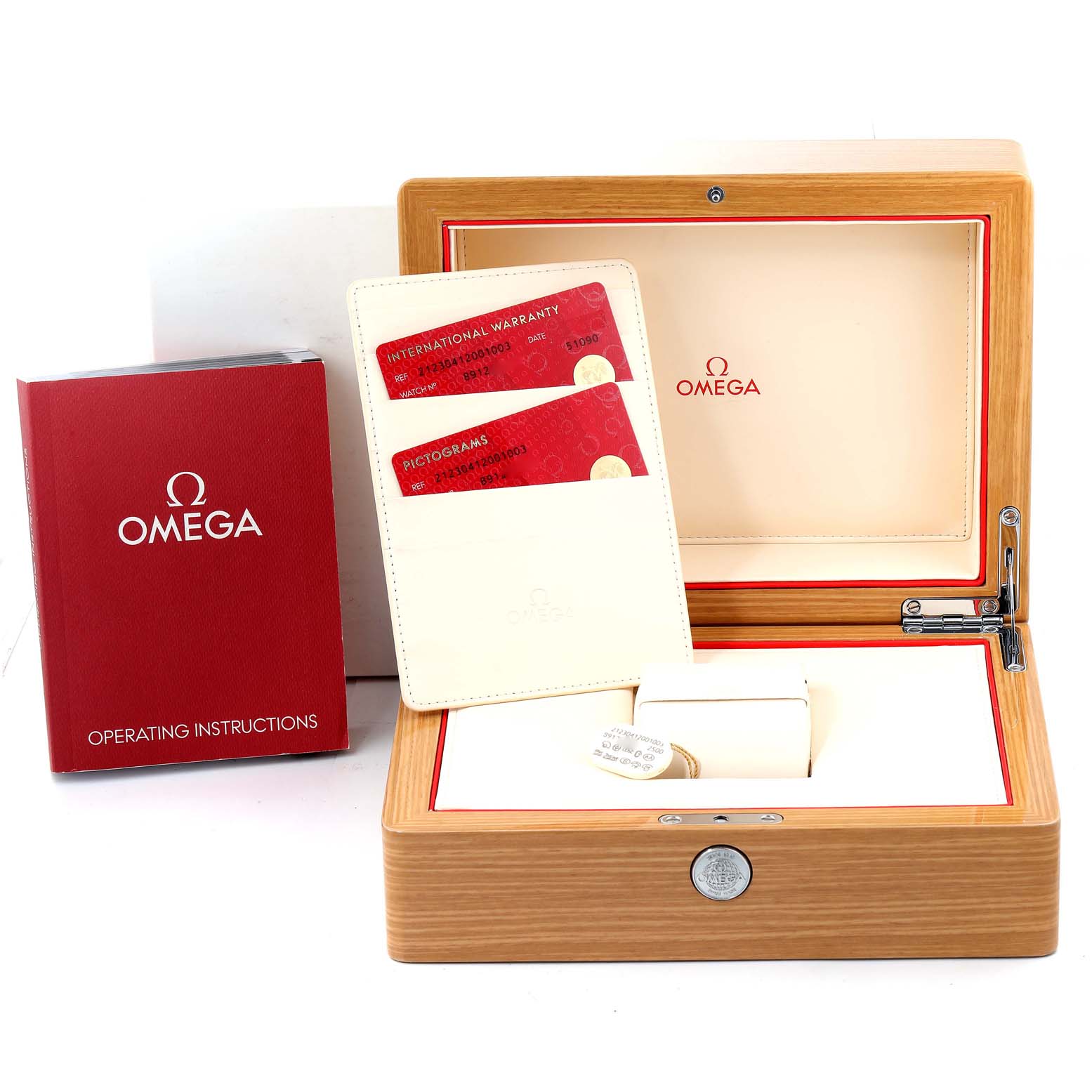 This image shows an Omega Seamaster 212.30.41.20.01.003 Men's Stainless Steel Black Dial 212.30.41.20.01.003 Men's Stainless Steel Black Dial watch box, operating instructions booklet, warranty cards, and a watch holder.
