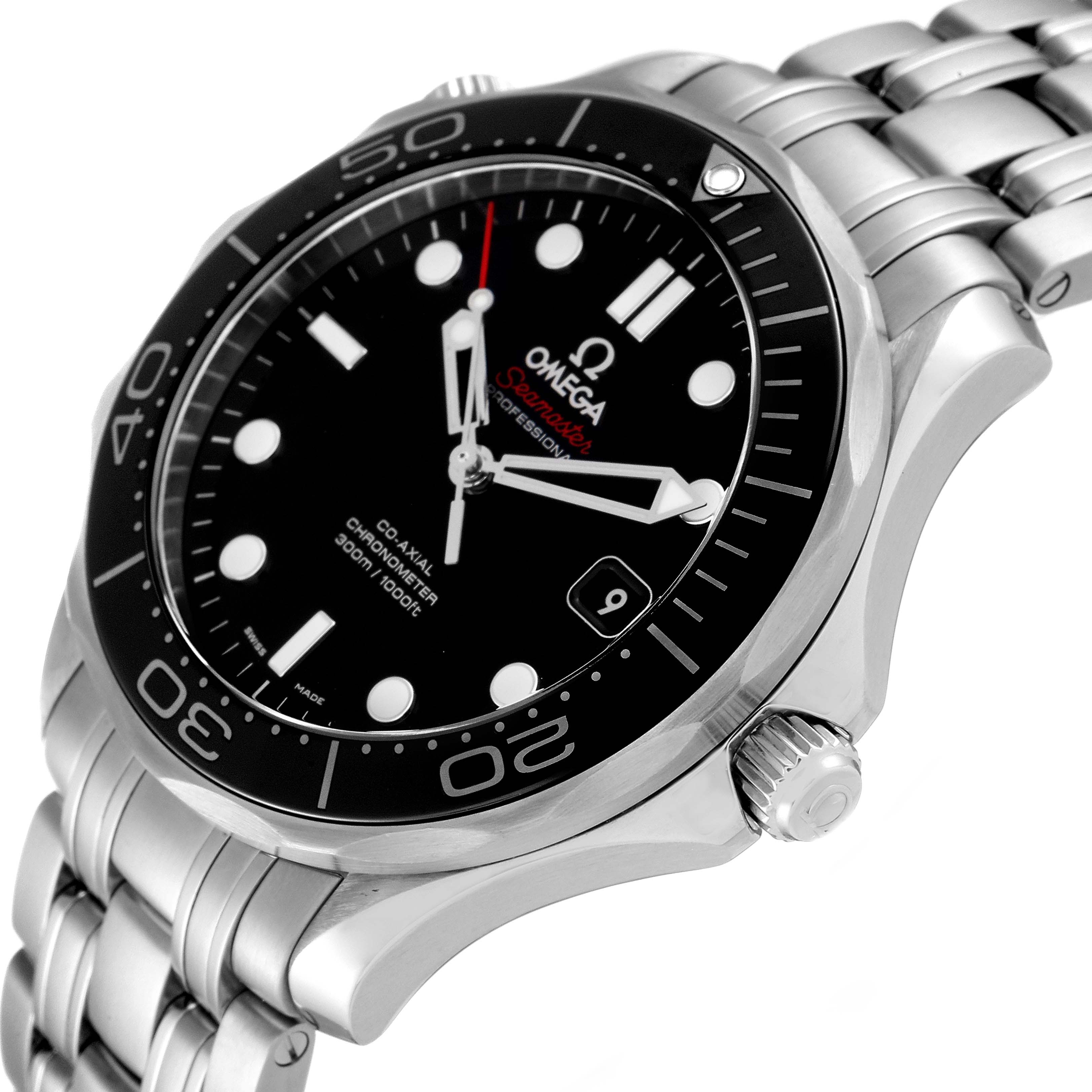 The image shows an Omega Seamaster 212.30.41.20.01.003 Men's Stainless Steel Black Dial 212.30.41.20.01.003 Men's Stainless Steel Black Dial watch at a slight angle highlighting the face, bezel, crown, and part of the metal bracelet.