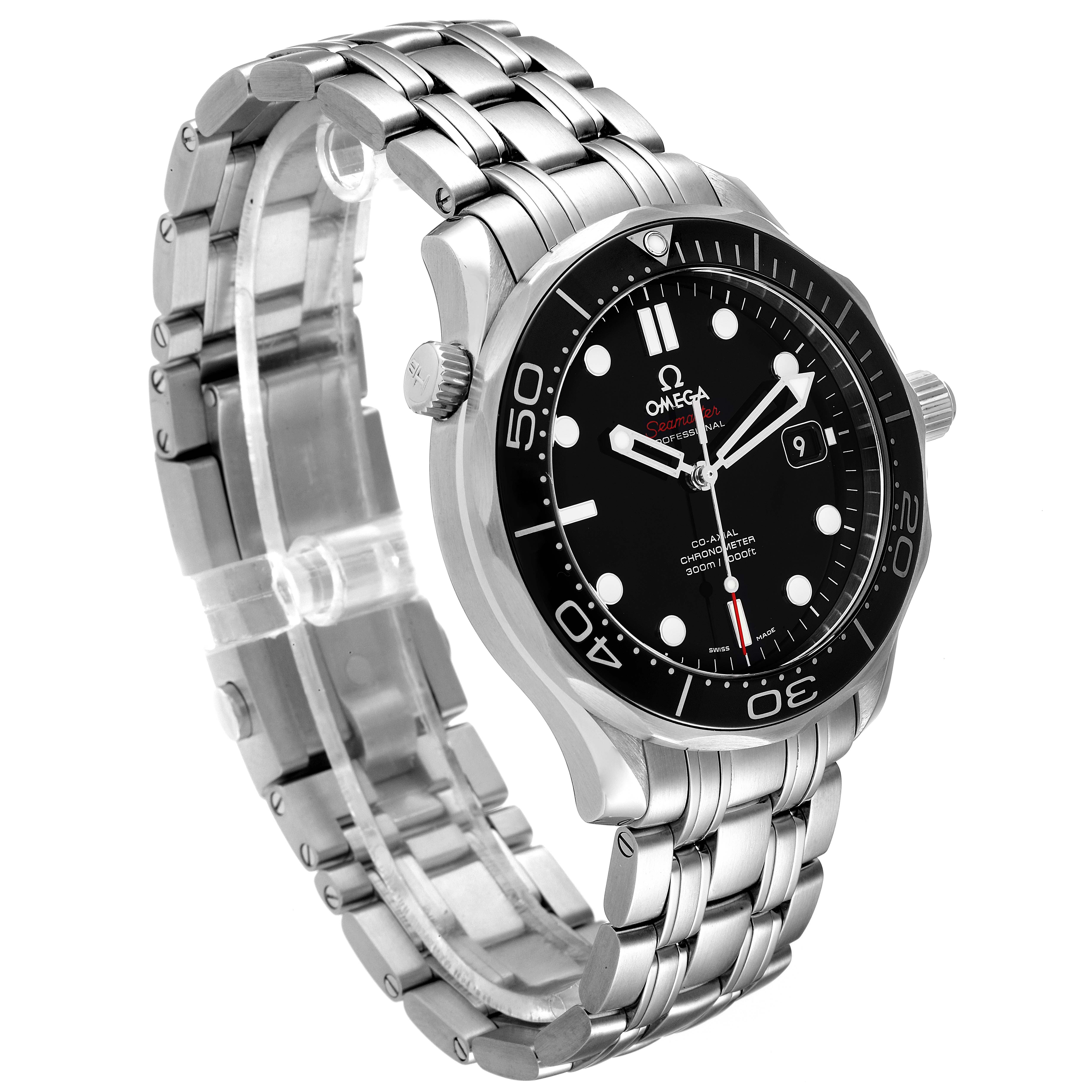 The image shows an Omega Seamaster 212.30.41.20.01.003 Men's Stainless Steel Black Dial 212.30.41.20.01.003 Men's Stainless Steel Black Dial watch angled from the front left, highlighting the dial, bezel, and stainless steel bracelet.