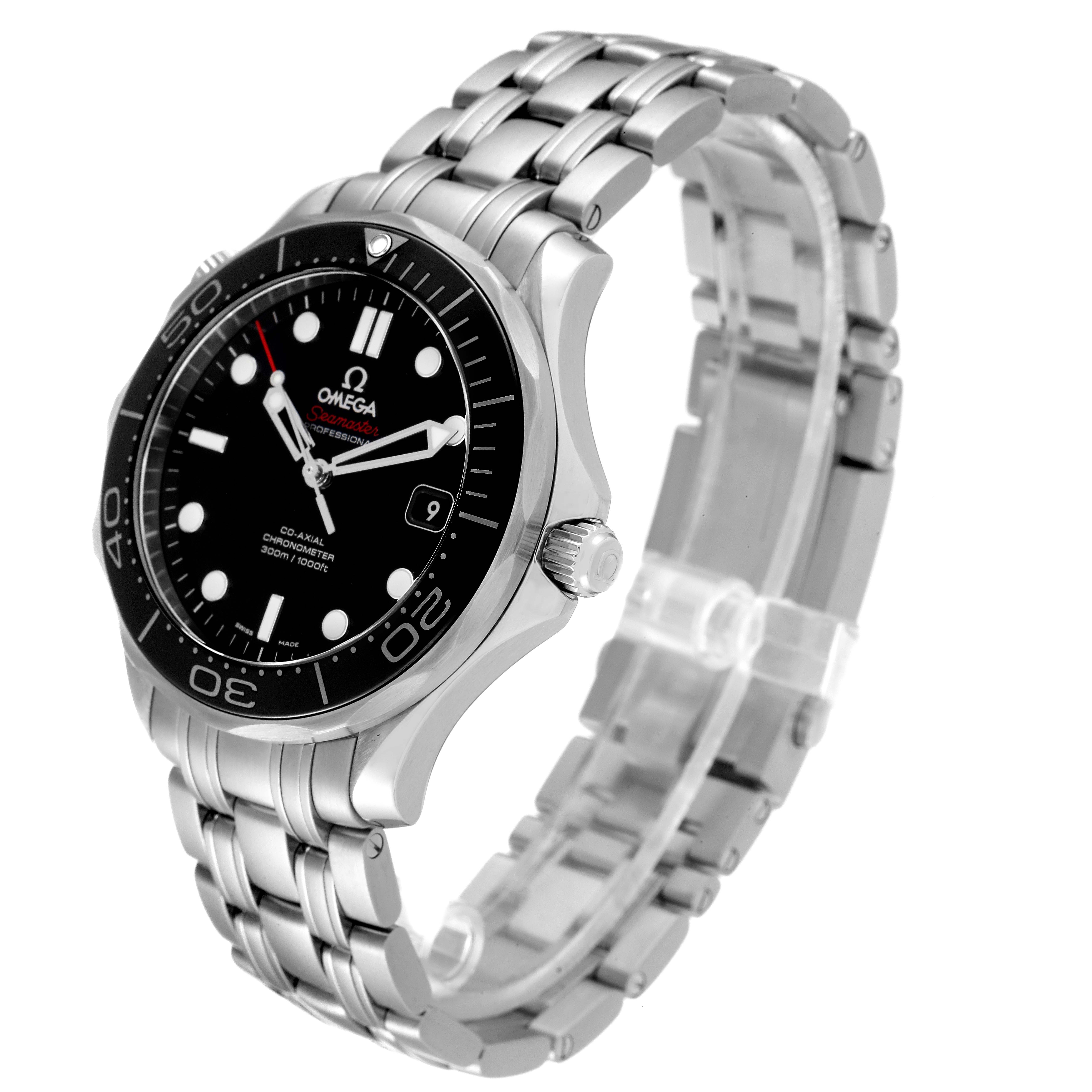 The image shows an angled view of the Omega Seamaster 212.30.41.20.01.003 Men's Stainless Steel Black Dial 212.30.41.20.01.003 Men's Stainless Steel Black Dial watch showcasing its face, bezel, crown, and stainless steel bracelet.