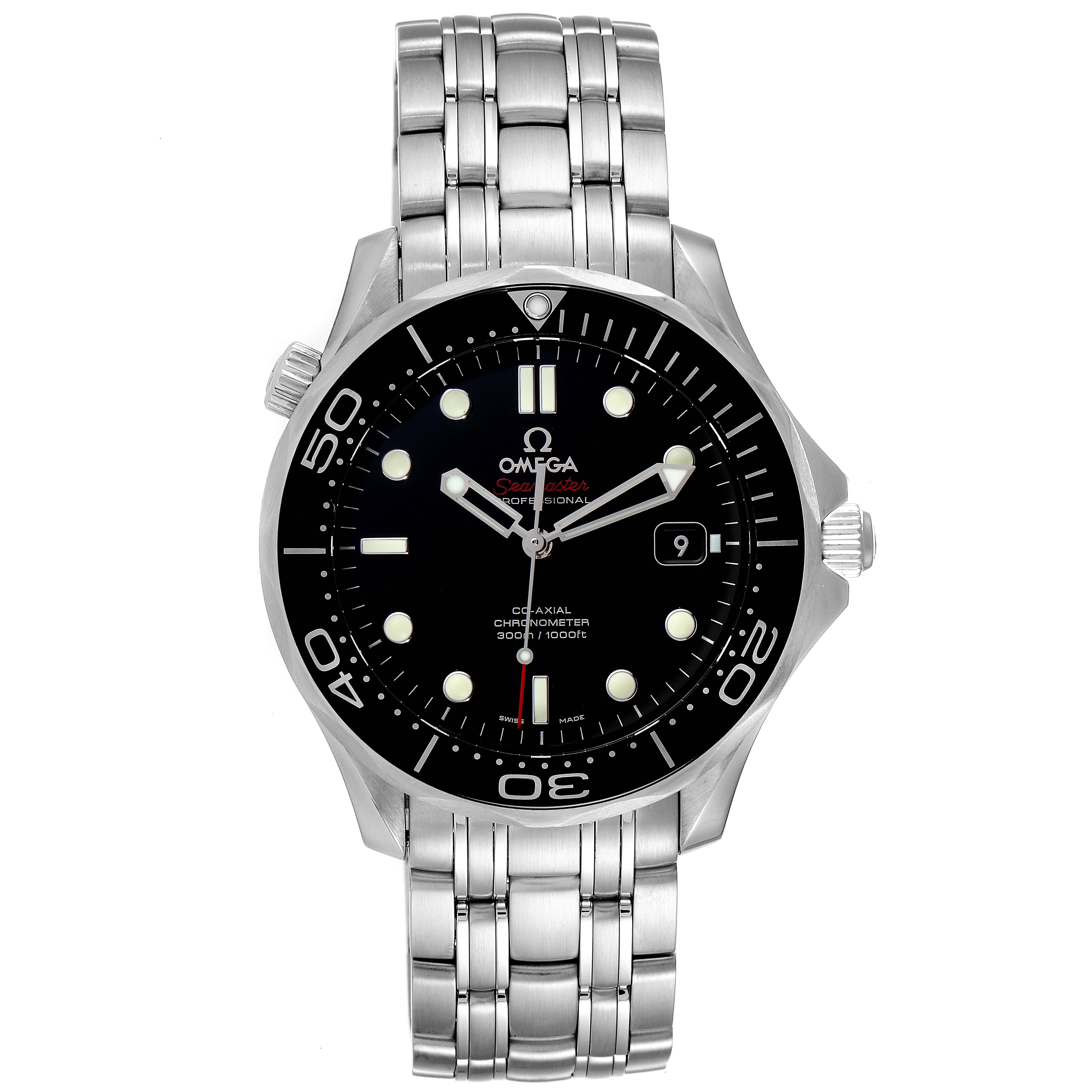 This image shows a frontal view of an Omega Seamaster 212.30.41.20.01.003 Men's Stainless Steel Black Dial 212.30.41.20.01.003 Men's Stainless Steel Black Dial watch, highlighting its face, bezel, and metal bracelet.