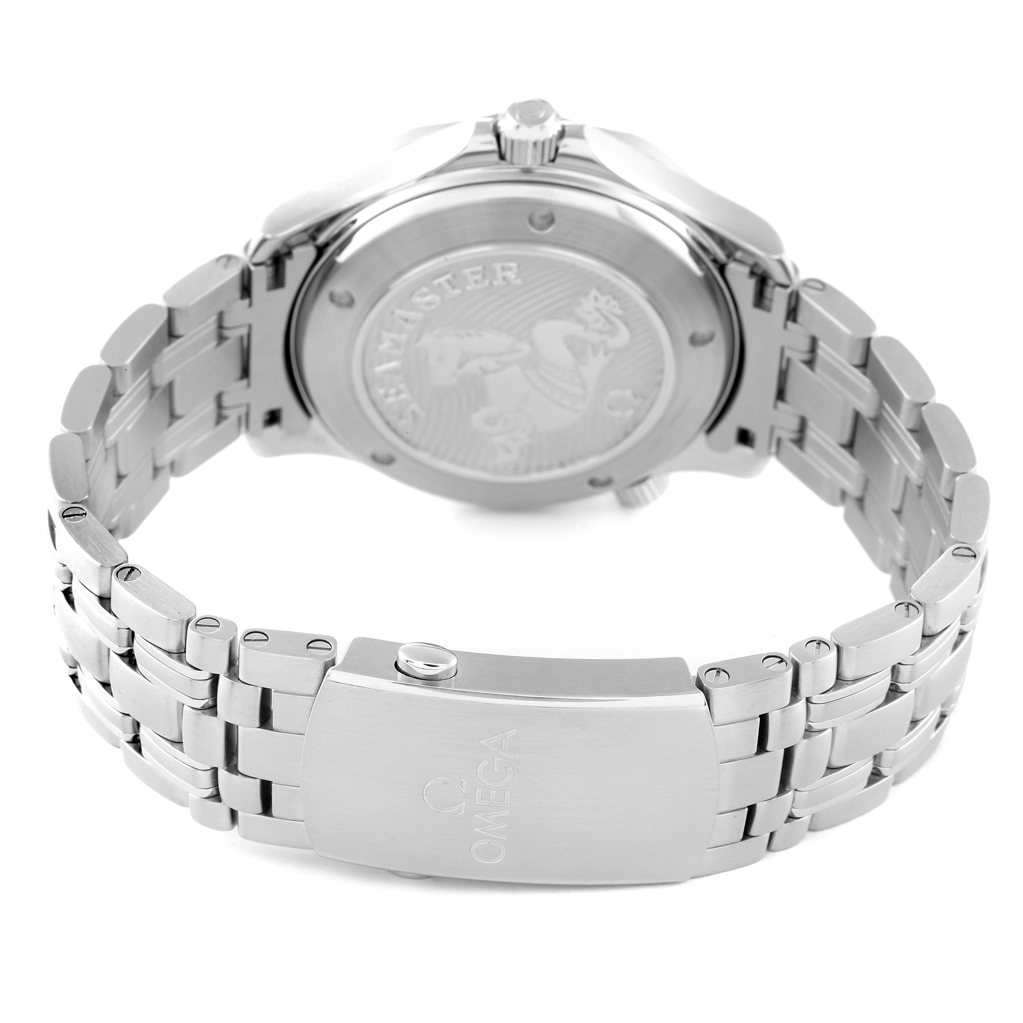 The image depicts the back and bracelet of the Omega Seamaster 212.30.41.20.01.003 Men's Stainless Steel Black Dial 212.30.41.20.01.003 Men's Stainless Steel Black Dial watch, showcasing the engraved case back and clasp with the Omega logo.