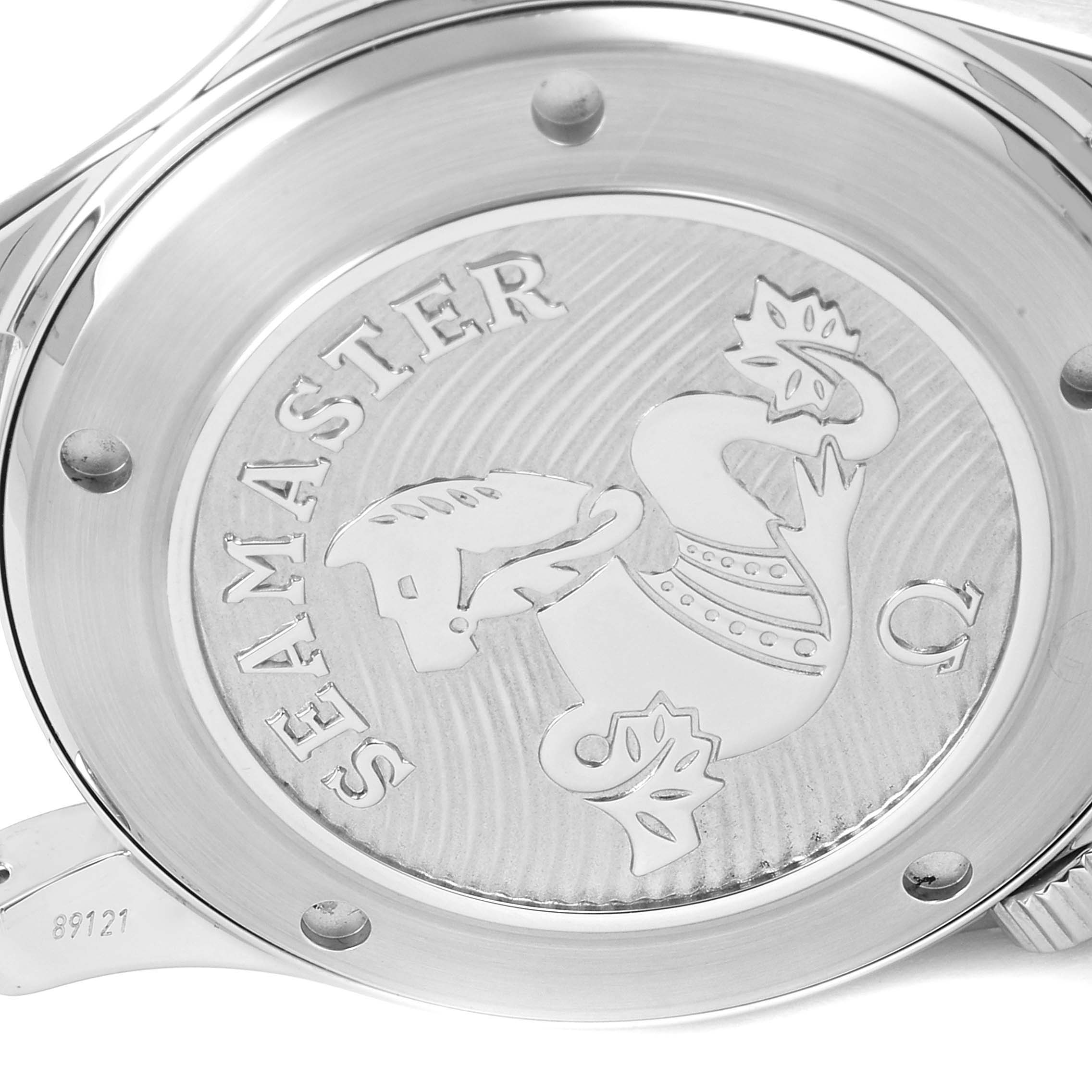 The image shows the case back of an Omega Seamaster 212.30.41.20.01.003 Men's Stainless Steel Black Dial 212.30.41.20.01.003 Men's Stainless Steel Black Dial watch, featuring the engraved logo.