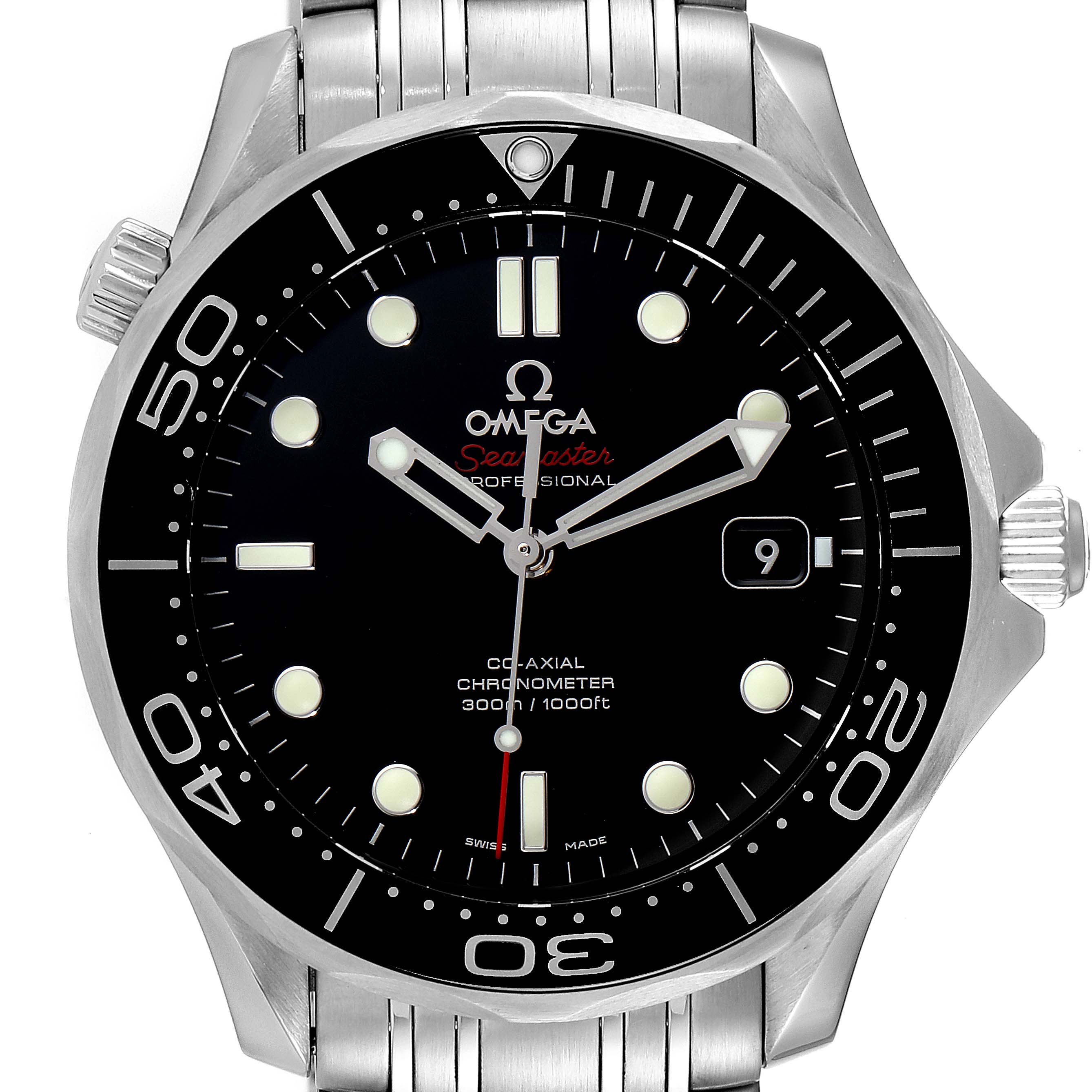 This image shows a front view of the Omega Seamaster 212.30.41.20.01.003 Men's Stainless Steel Black Dial 212.30.41.20.01.003 Men's Stainless Steel Black Dial watch, highlighting its face, bezel, and stainless steel bracelet.