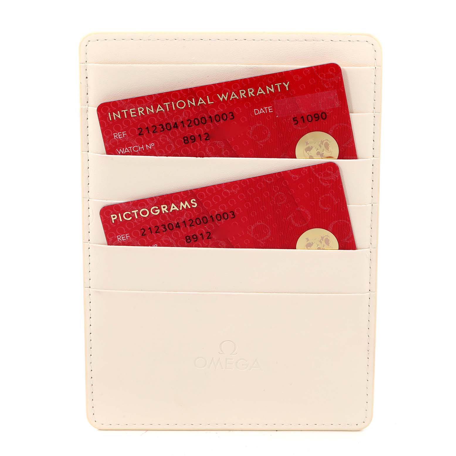 The image shows the international warranty and pictograms cards for an Omega Seamaster 212.30.41.20.01.003 Men's Stainless Steel Black Dial 212.30.41.20.01.003 Men's Stainless Steel Black Dial, placed in a white card holder.