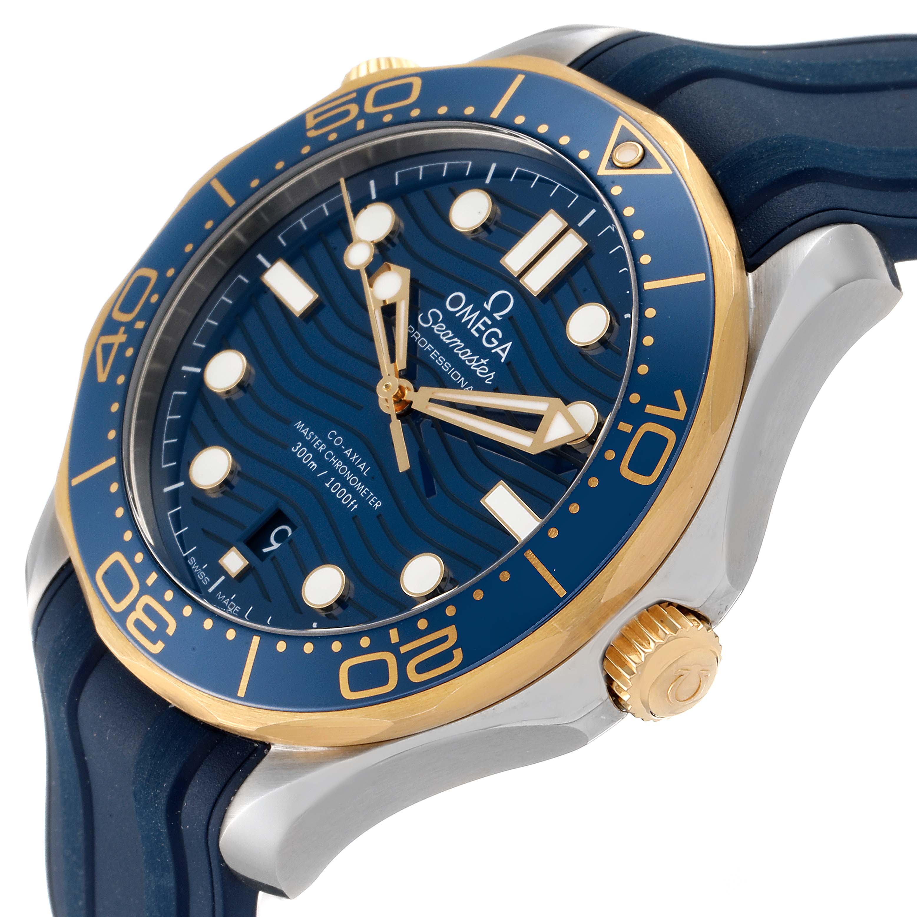 This Omega Seamaster 210.22.42.20.03.001 Men's Steel and Gold (two tone) Blue Dial 210.22.42.20.03.001 Men's Steel and Gold (two tone) Blue Dial watch is shown from an angled front view, highlighting its blue dial, bezel, and gold crown.