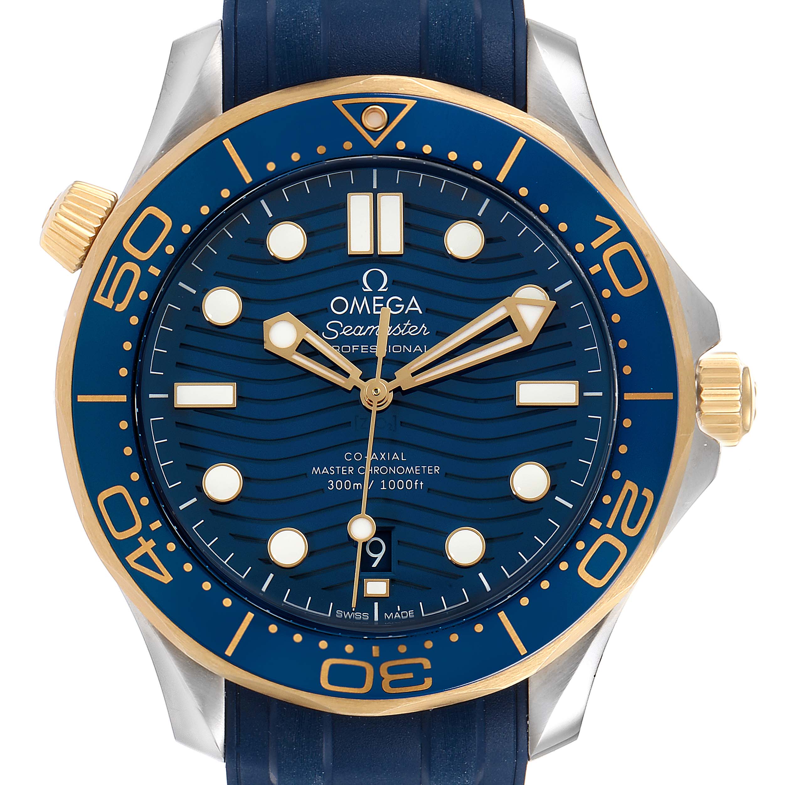 The image showcases a front view of the Omega Seamaster 210.22.42.20.03.001 Men's Steel and Gold (two tone) Blue Dial 210.22.42.20.03.001 Men's Steel and Gold (two tone) Blue Dial watch, highlighting its blue dial, gold bezel, and rubber strap.