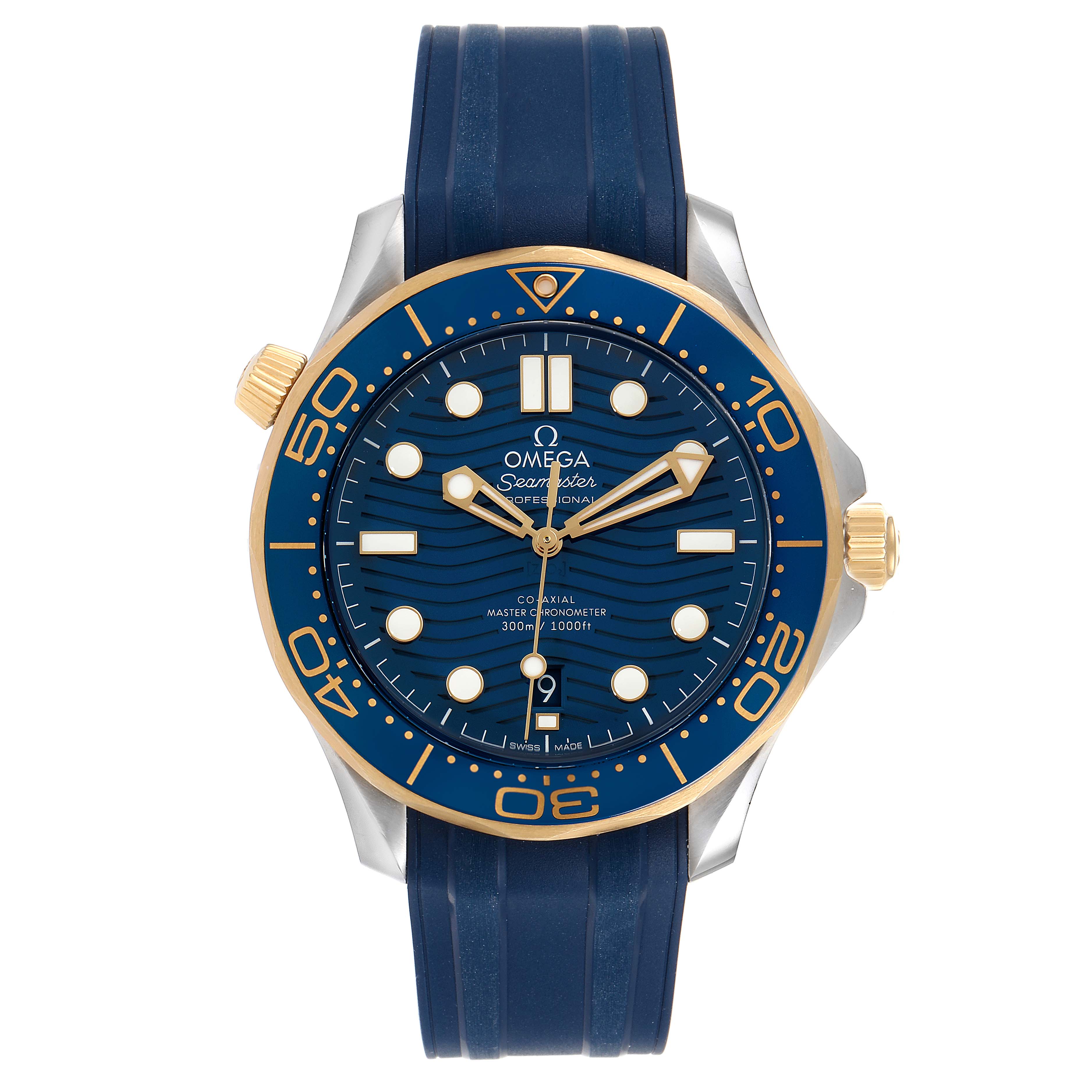 The Omega Seamaster 210.22.42.20.03.001 Men's Steel and Gold (two tone) Blue Dial 210.22.42.20.03.001 Men's Steel and Gold (two tone) Blue Dial watch is shown from a frontal angle, displaying its blue dial, bezel, and strap with gold accents.