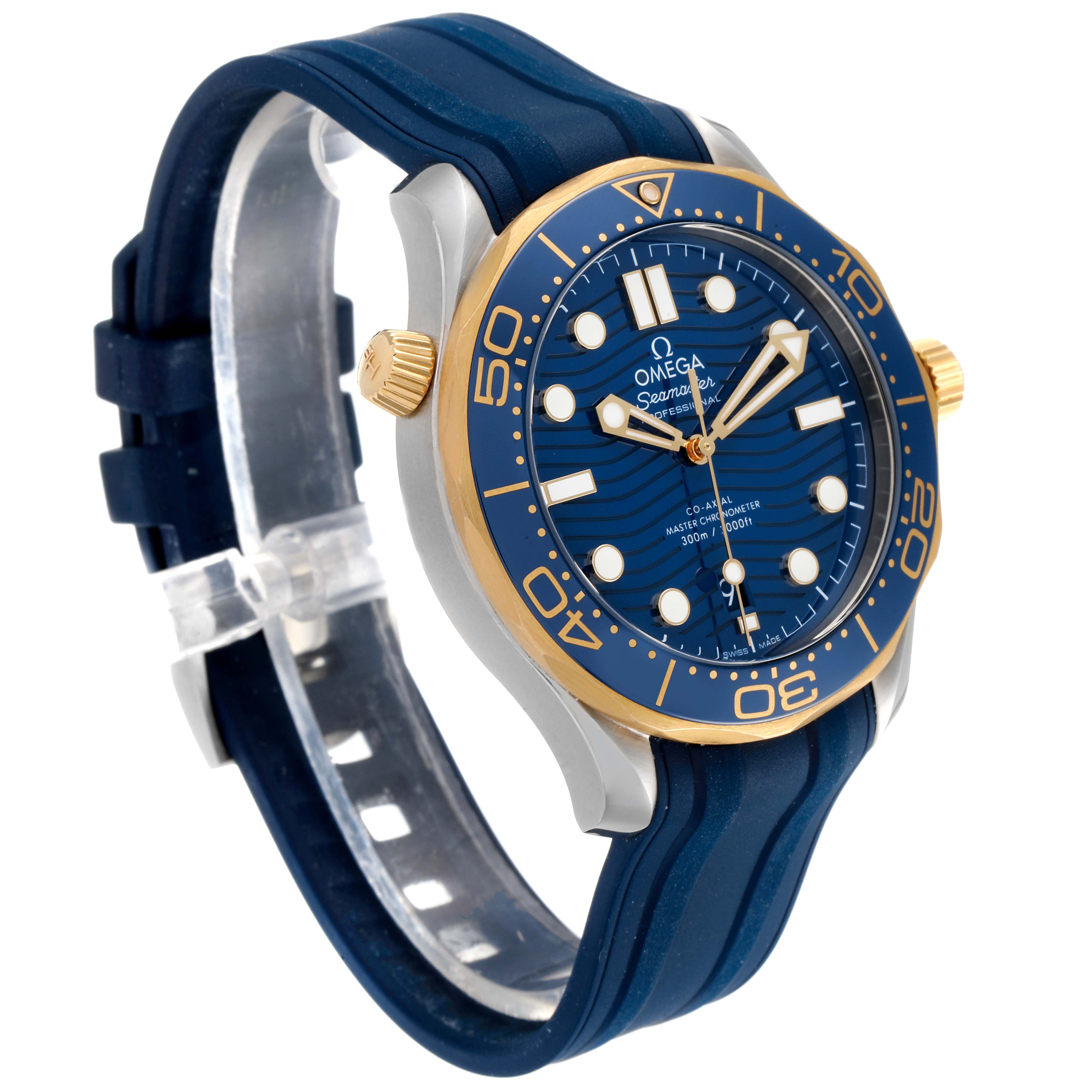 This side view of the Omega Seamaster 210.22.42.20.03.001 Men's Steel and Gold (two tone) Blue Dial 210.22.42.20.03.001 Men's Steel and Gold (two tone) Blue Dial model shows the case, bezel, dial, strap, and crown.