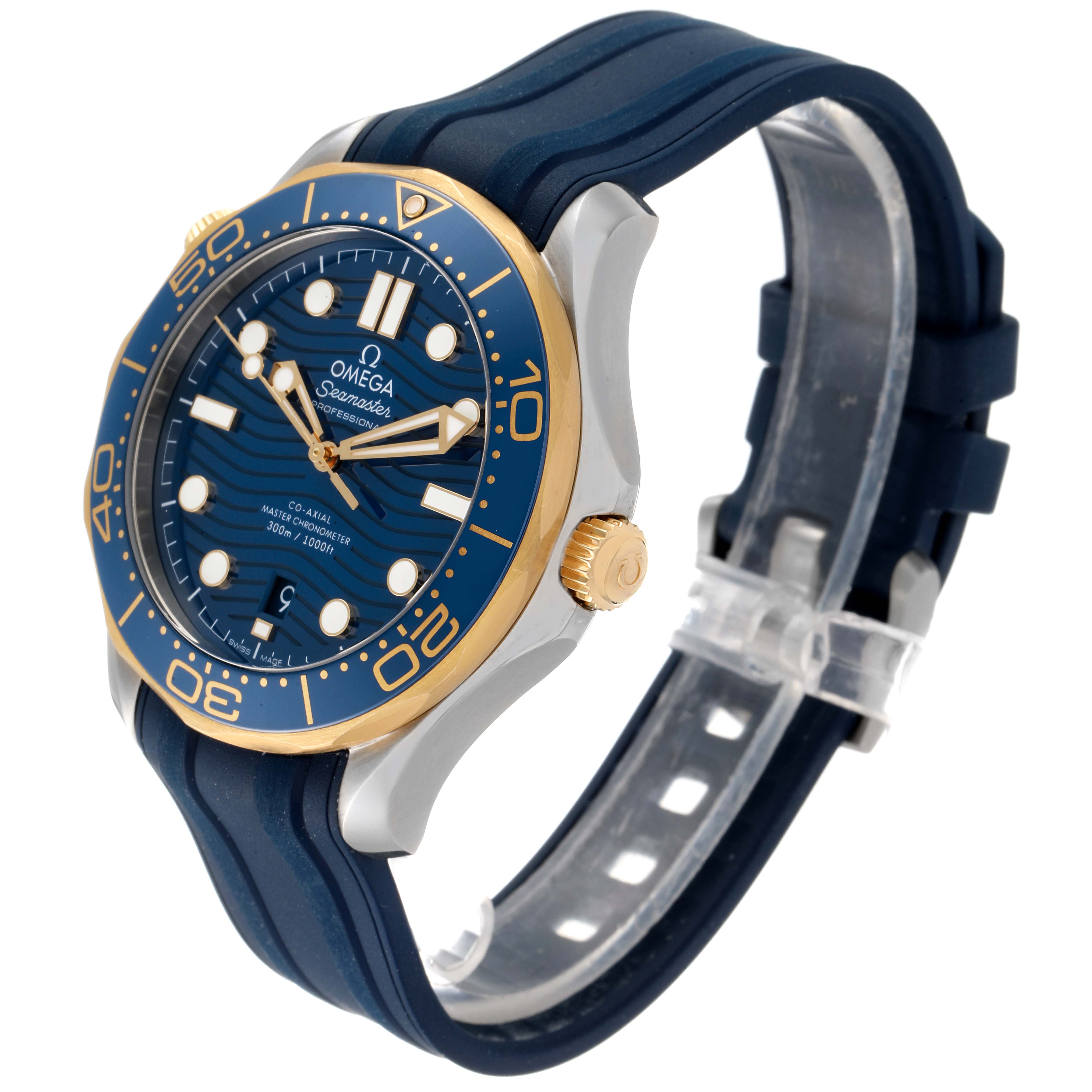 The image shows an angled side view of an Omega Seamaster 210.22.42.20.03.001 Men's Steel and Gold (two tone) Blue Dial 210.22.42.20.03.001 Men's Steel and Gold (two tone) Blue Dial watch, highlighting its blue bezel, blue strap, and gold accents.