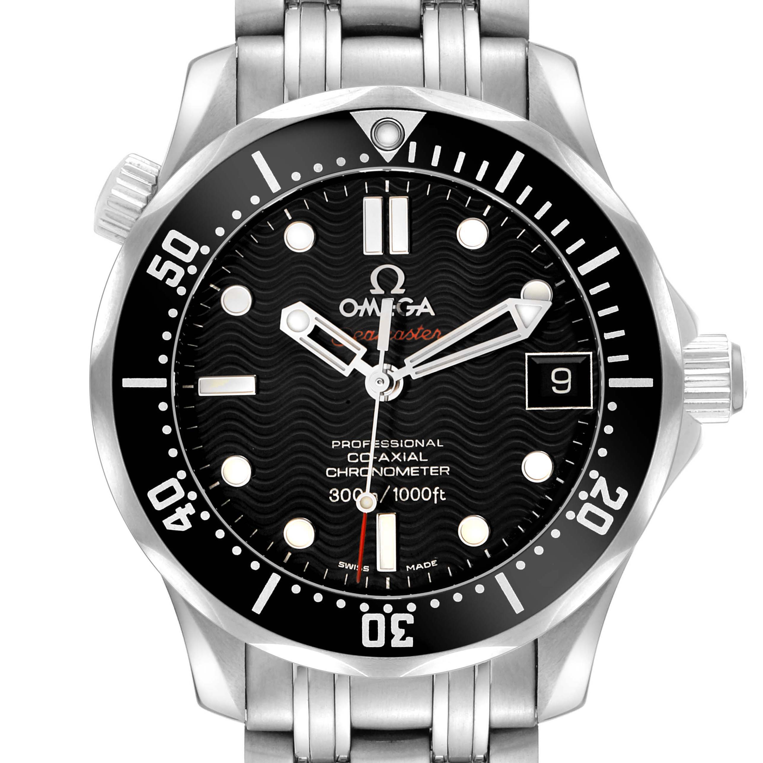 The Omega Seamaster 212.30.36.20.01.001 Men's Stainless Steel Black Dial watch is shown from the front, displaying the dial, bezel, and part of the bracelet.